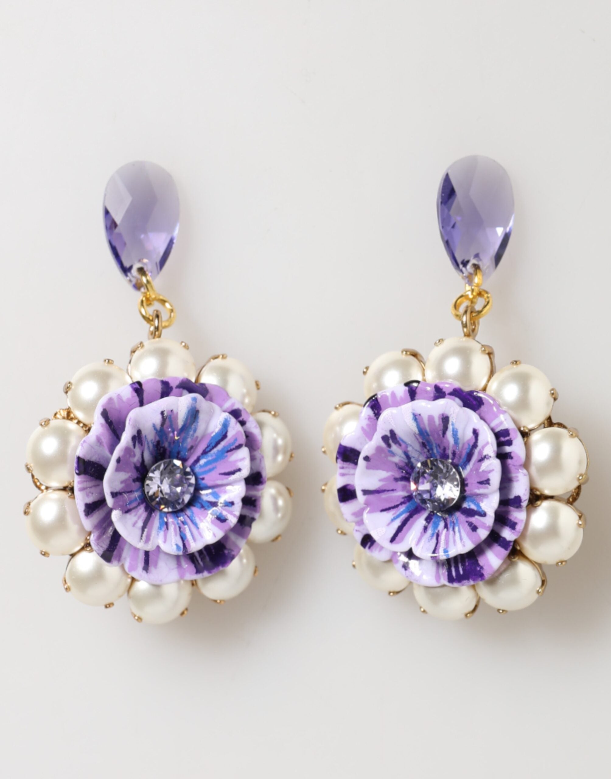 Purple Floral Crystal Pearl Drop Clip-On Statement Earrings - ventzia