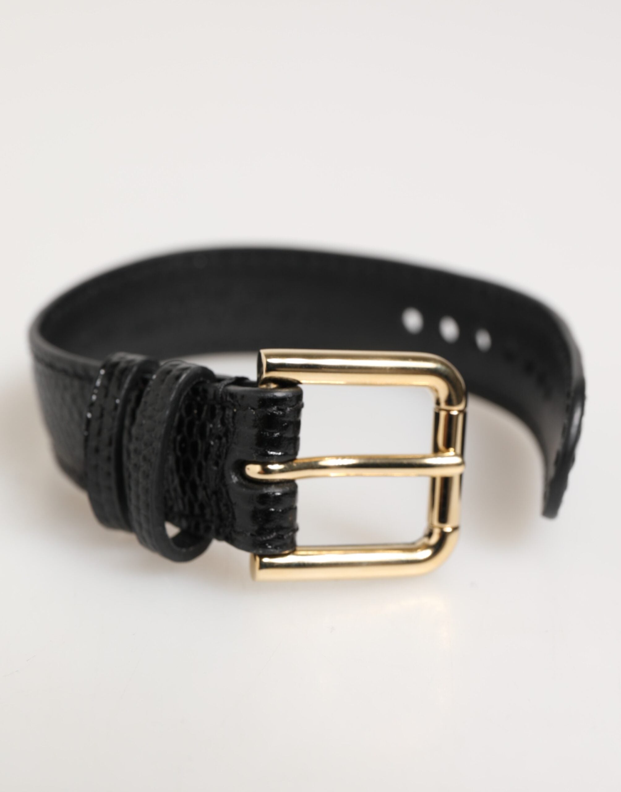 Black Embossed Leather Gold Buckle Belt Strap Bracelet - ventzia