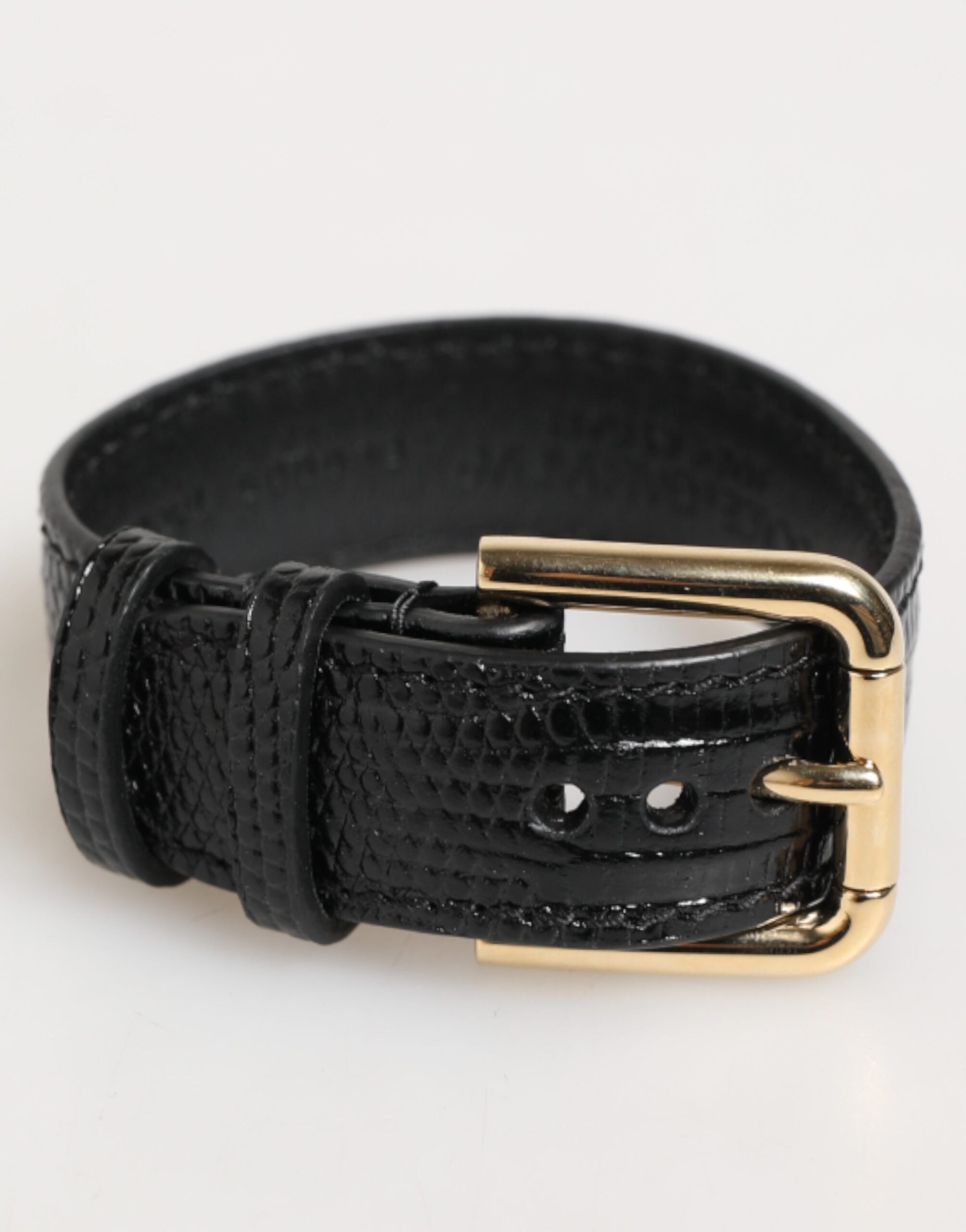 Black Embossed Leather Gold Buckle Belt Strap Bracelet - ventzia
