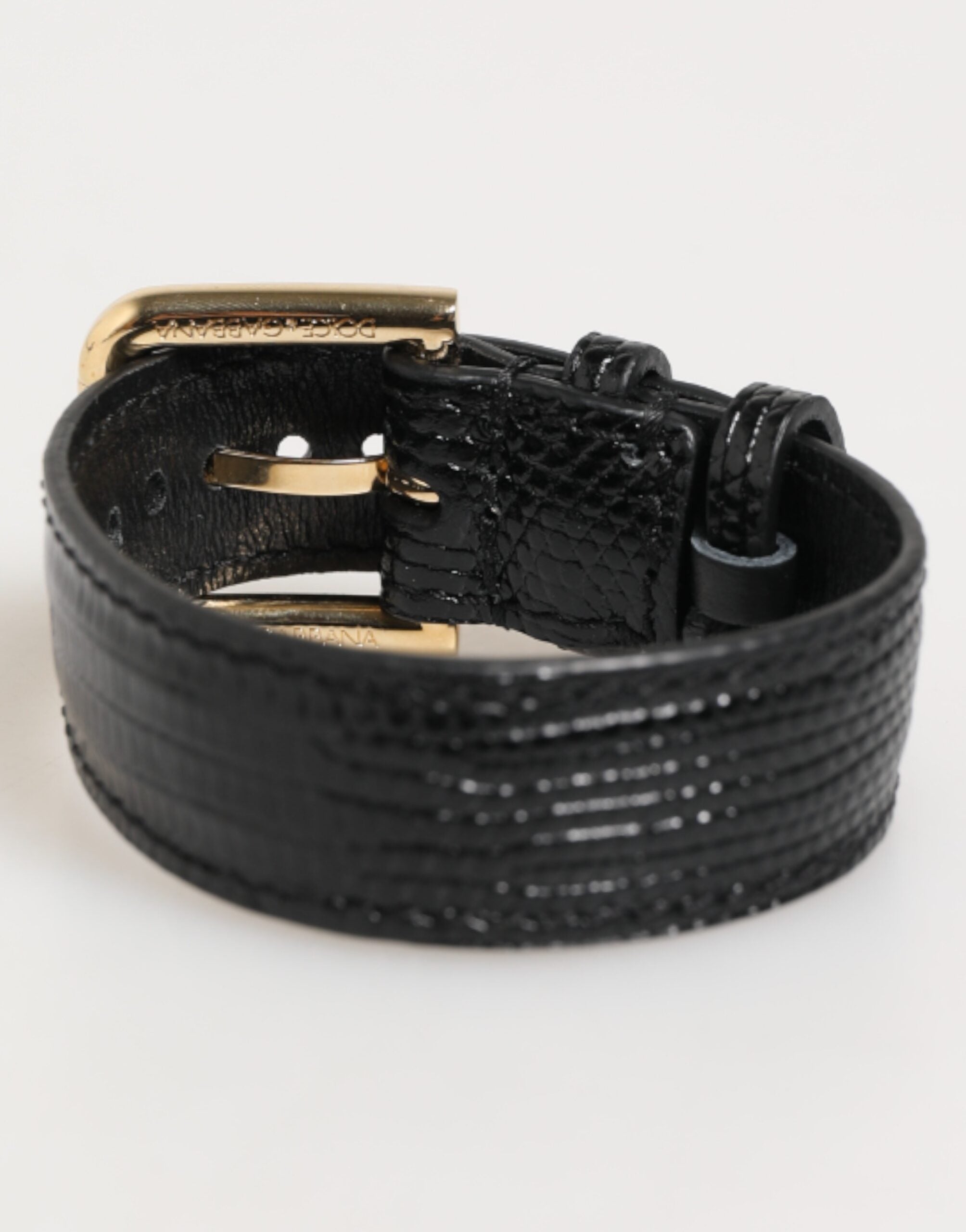 Black Embossed Leather Gold Buckle Belt Strap Bracelet - ventzia