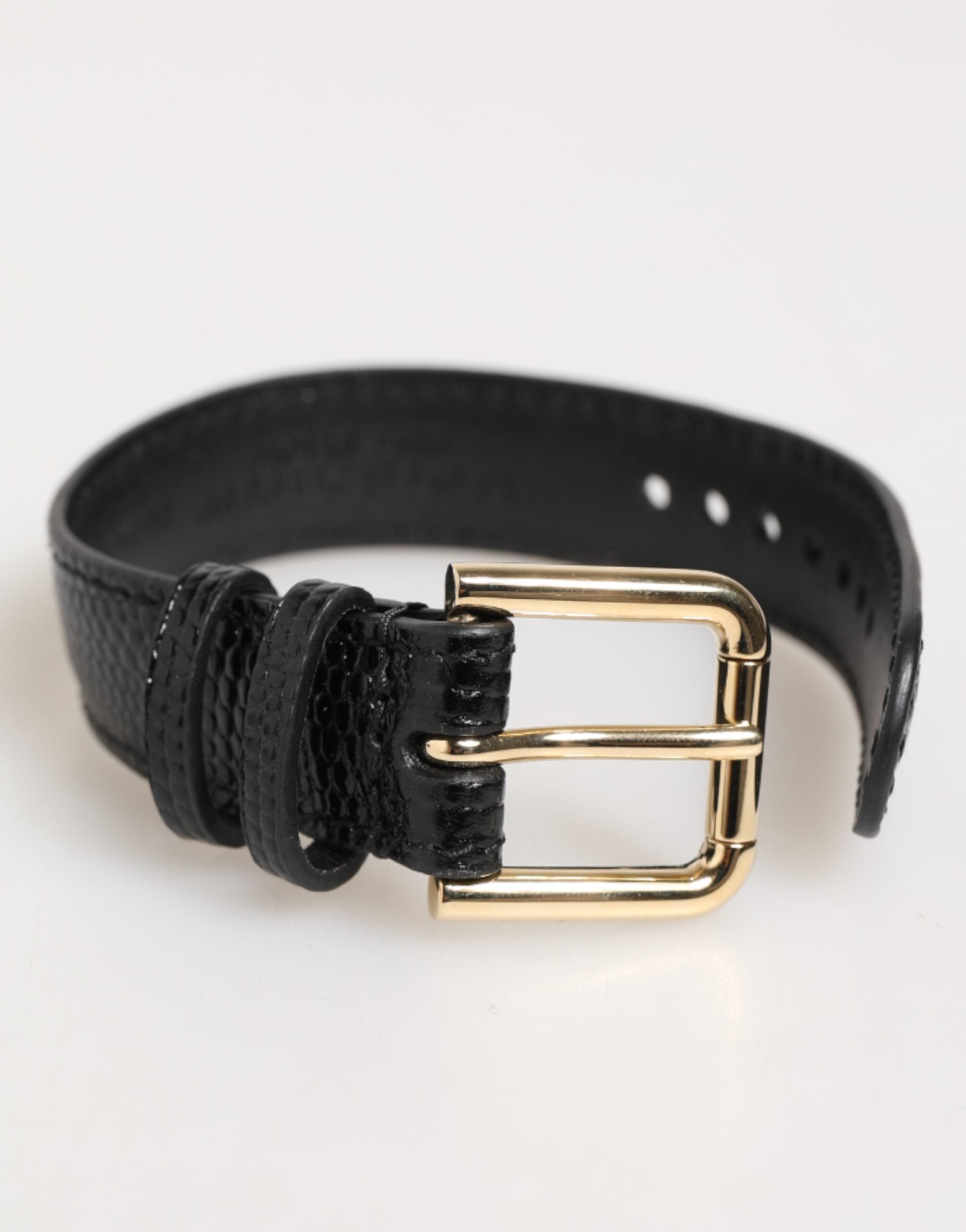 Black Embossed Leather Gold Buckle Belt Strap Bracelet - ventzia