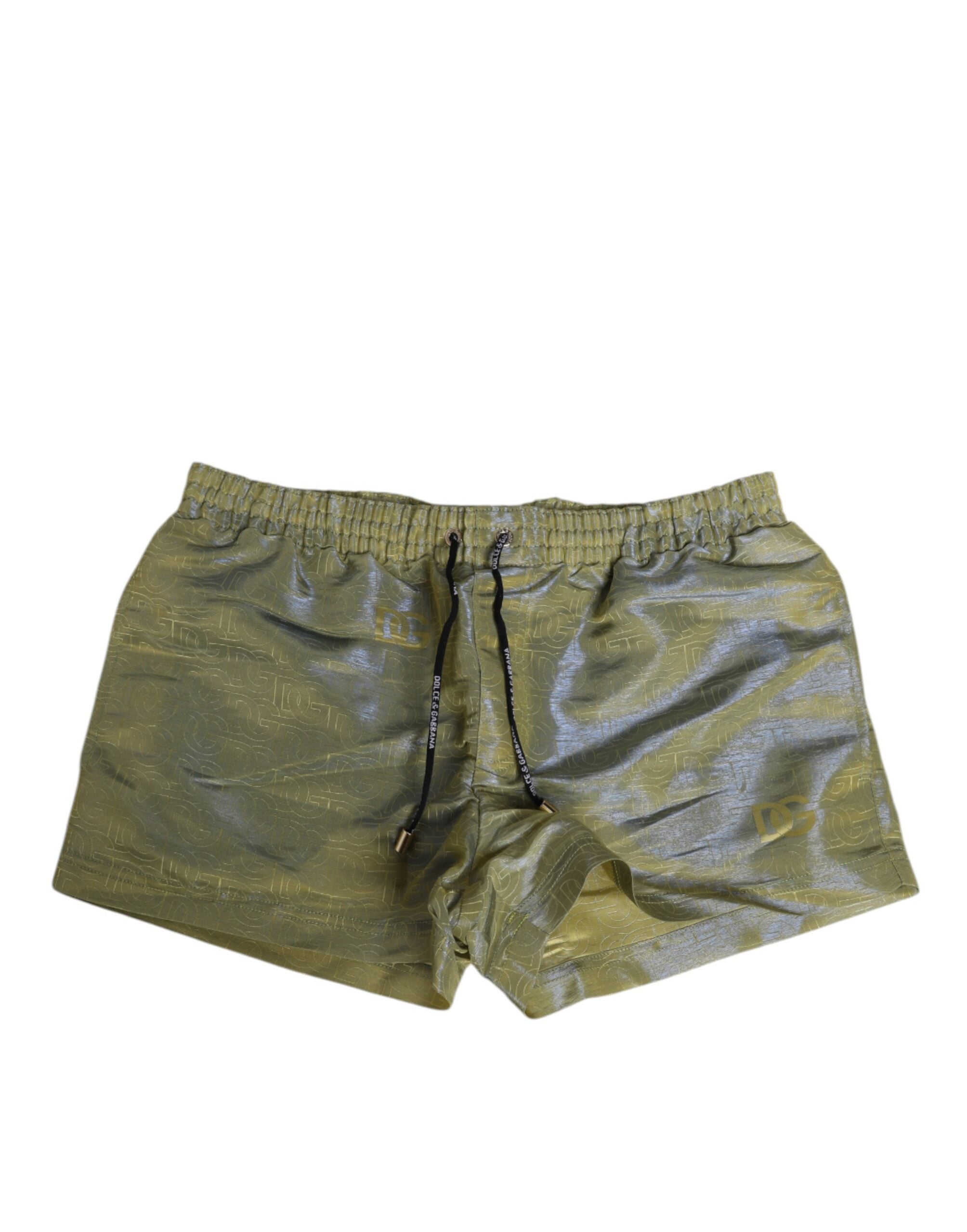 Green Polyester Metallic Logo Print Men Swimwear - ventzia
