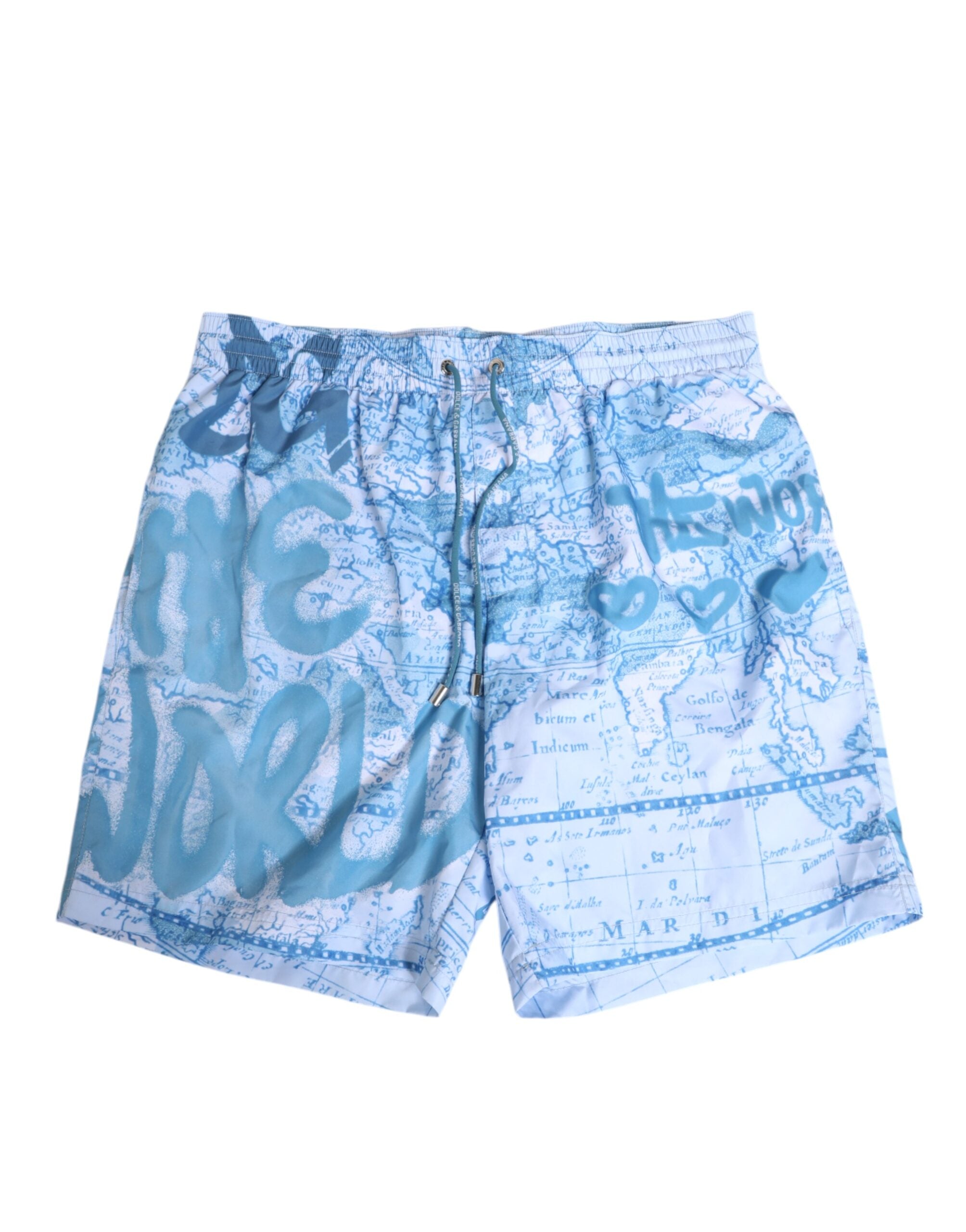 Blue World Map Polyester Elastic Waistband Swimwear - ventzia