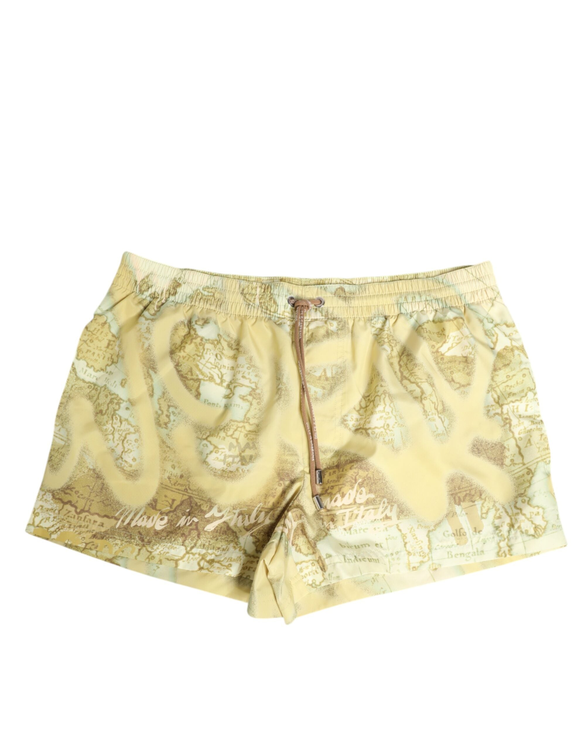 Yellow World Map Polyester Elastic Waistband Swimwear - ventzia