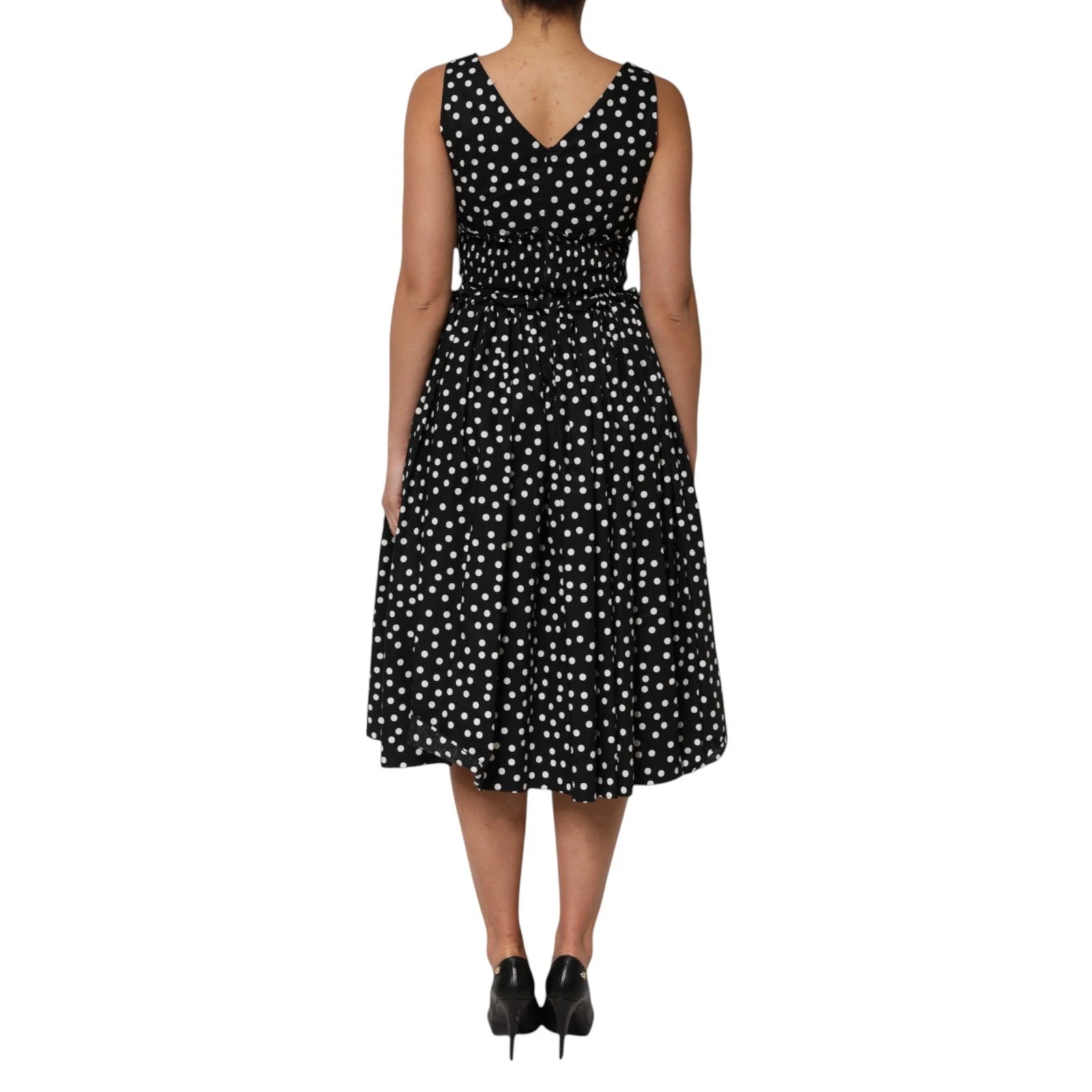 Black White Cotton Polka Dot Print V Neck Dress - ventzia
