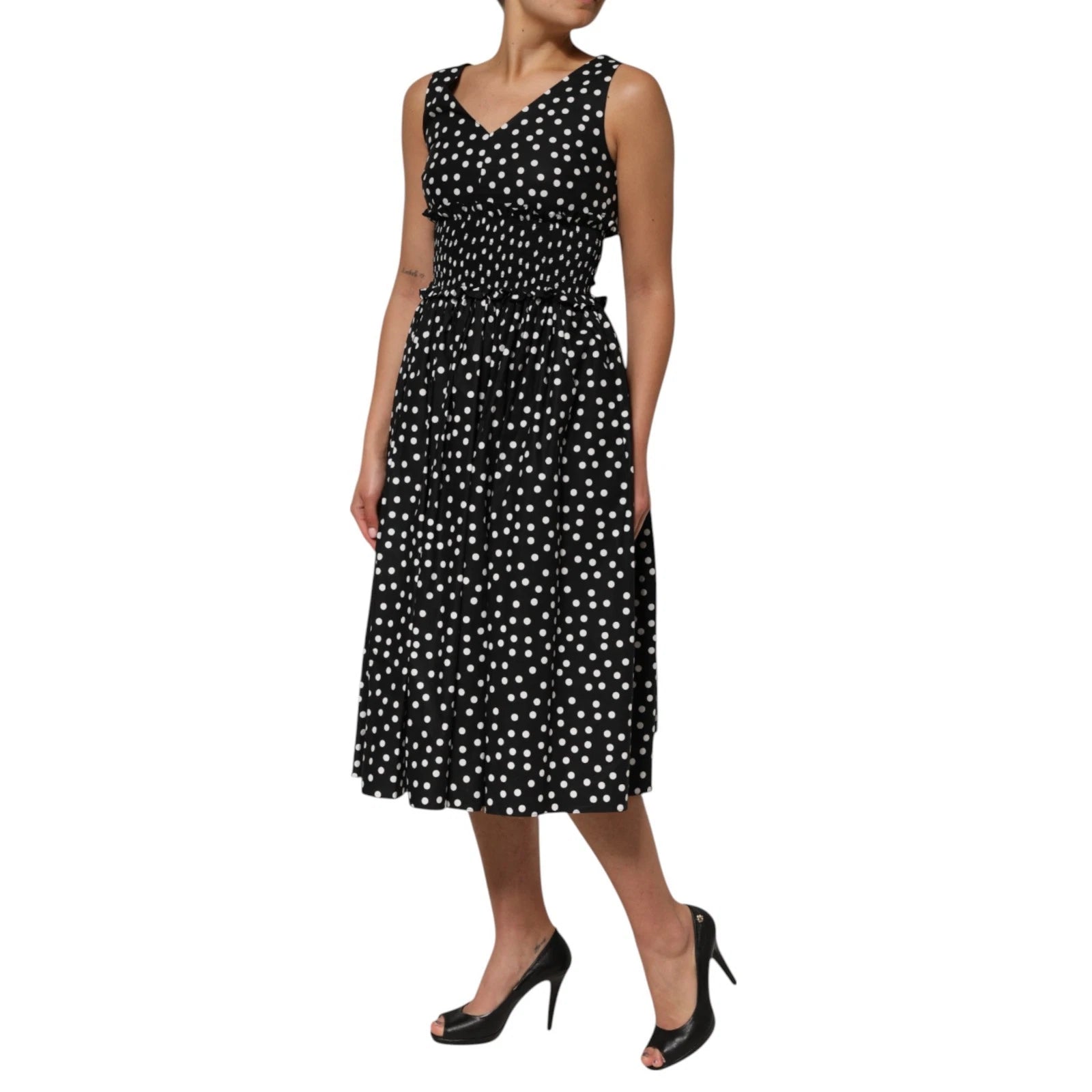 Black White Cotton Polka Dot Print V Neck Dress - ventzia
