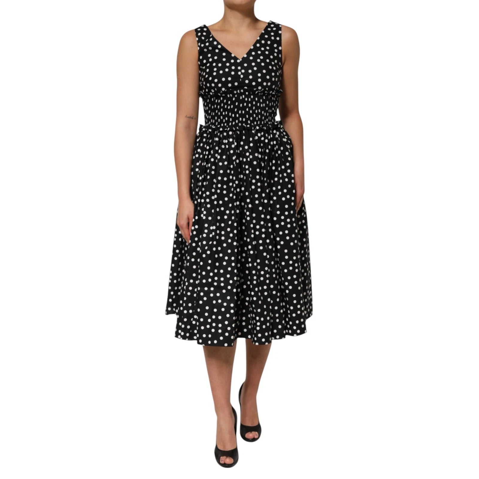 Black White Cotton Polka Dot Print V Neck Dress - ventzia