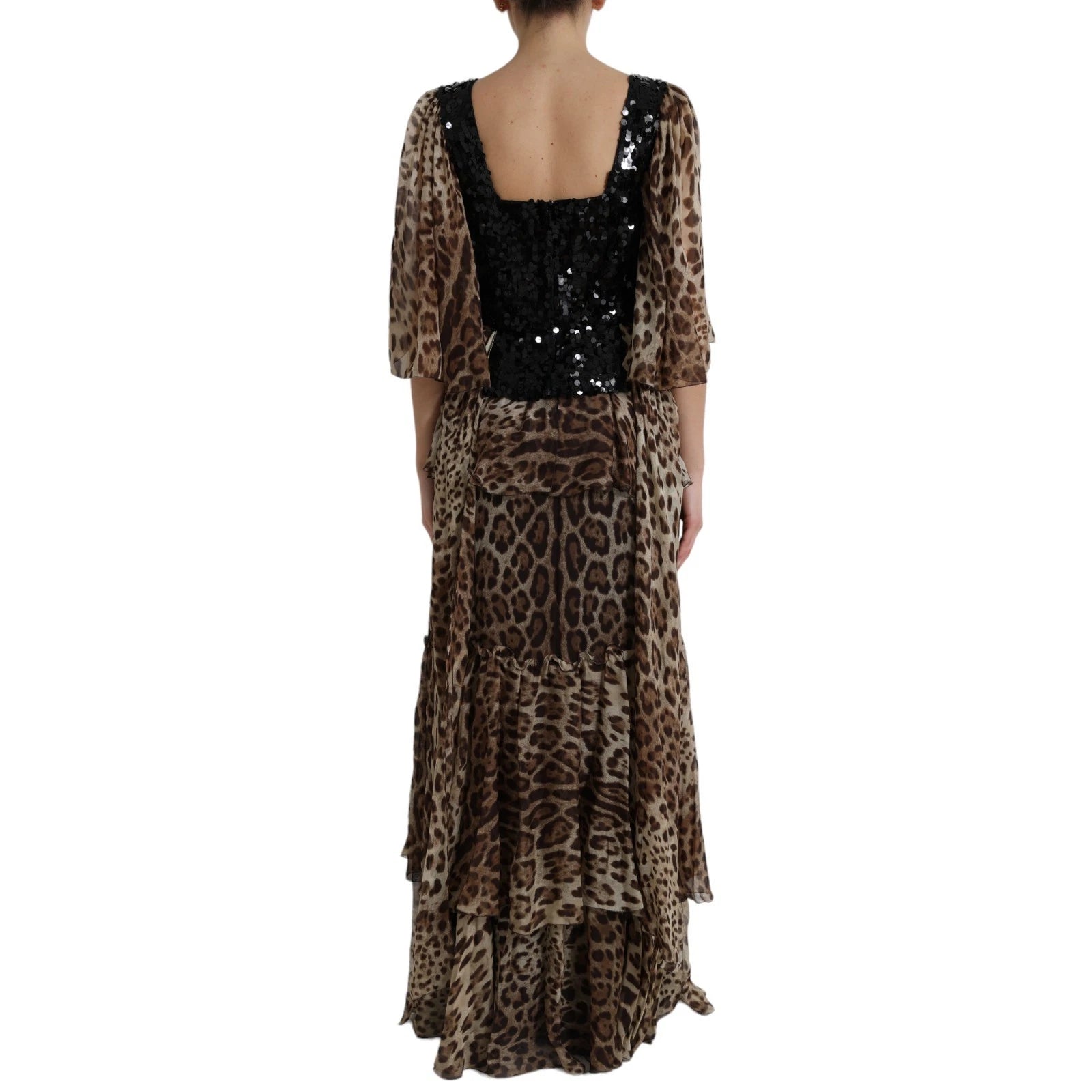 Leopard Print Silk Sequin Ruffle Maxi Dress - ventzia