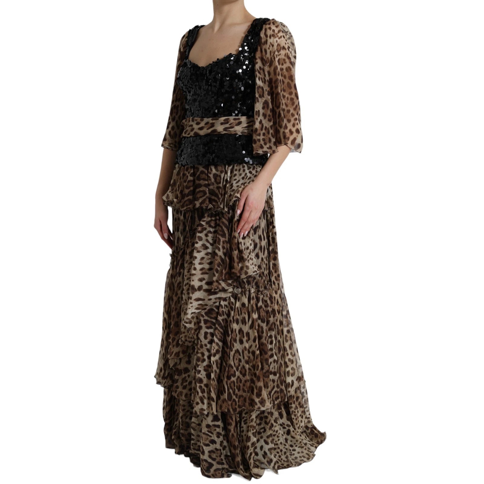 Leopard Print Silk Sequin Ruffle Maxi Dress - ventzia