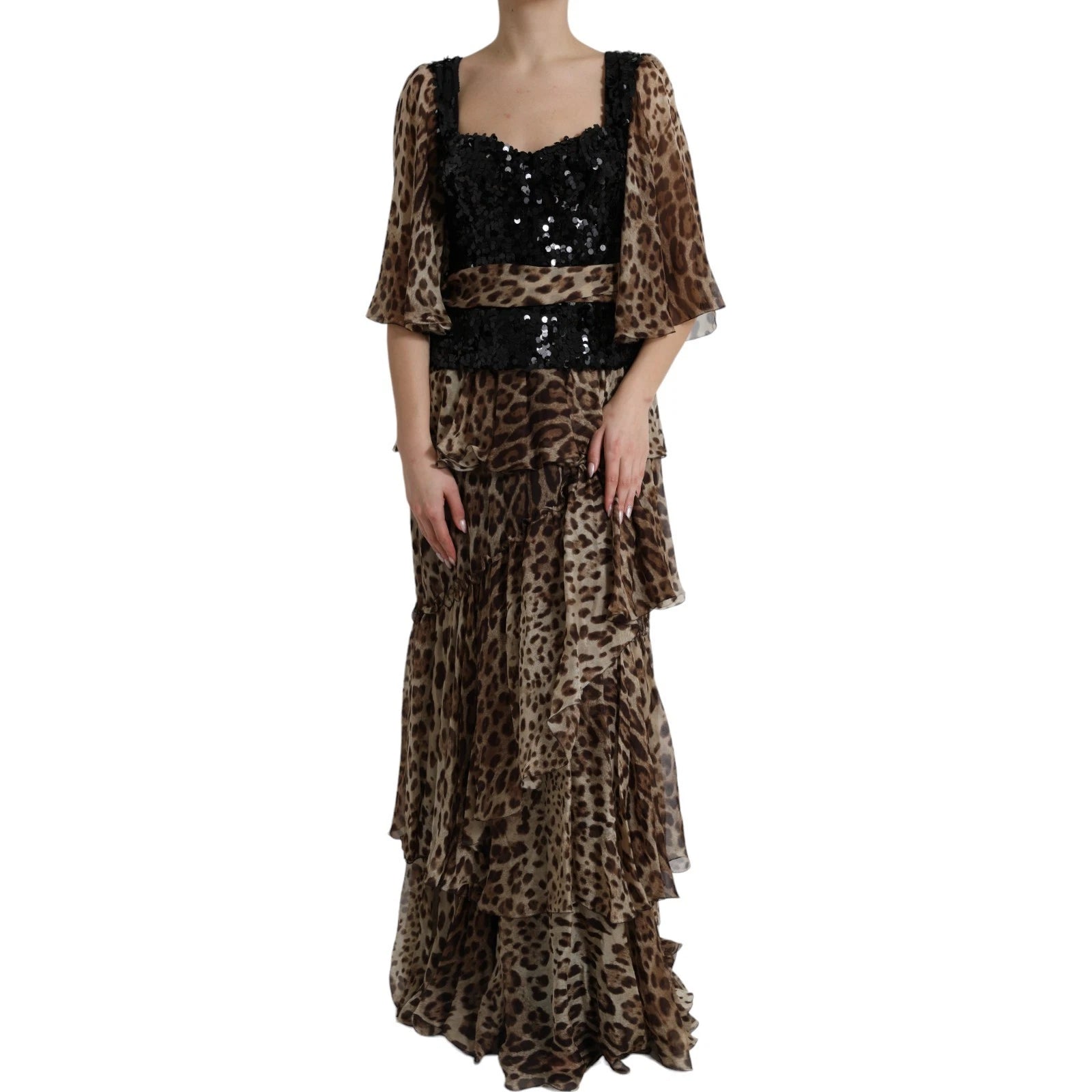 Leopard Print Silk Sequin Ruffle Maxi Dress - ventzia