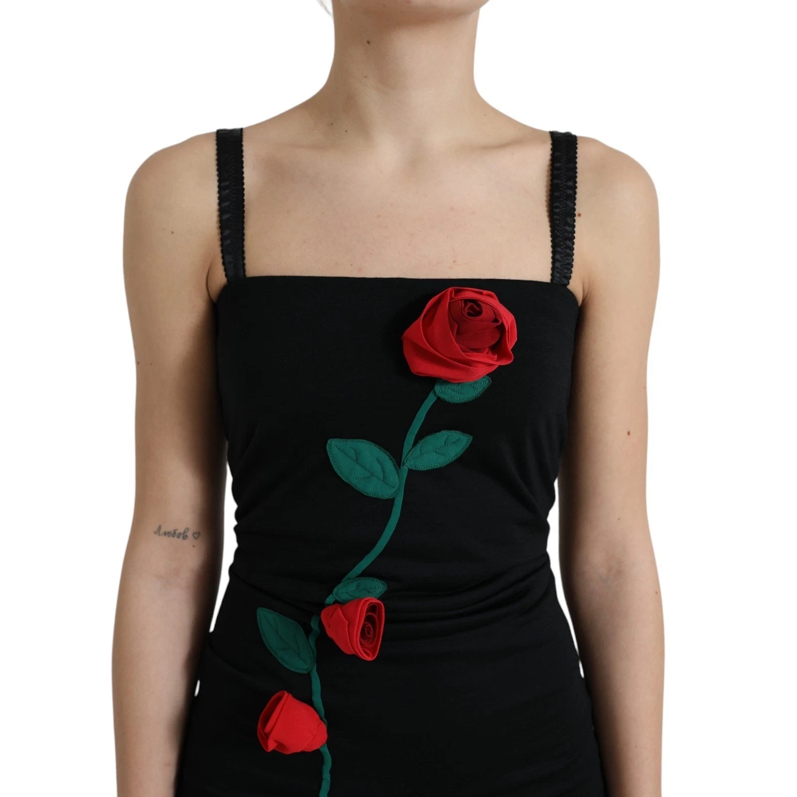Black Wool Sleeveless Rose Applique Dress - ventzia