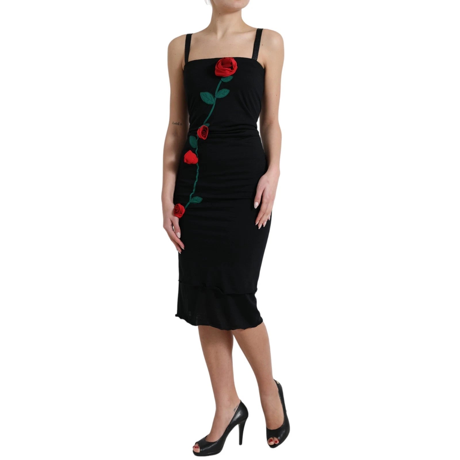 Black Wool Sleeveless Rose Applique Dress - ventzia
