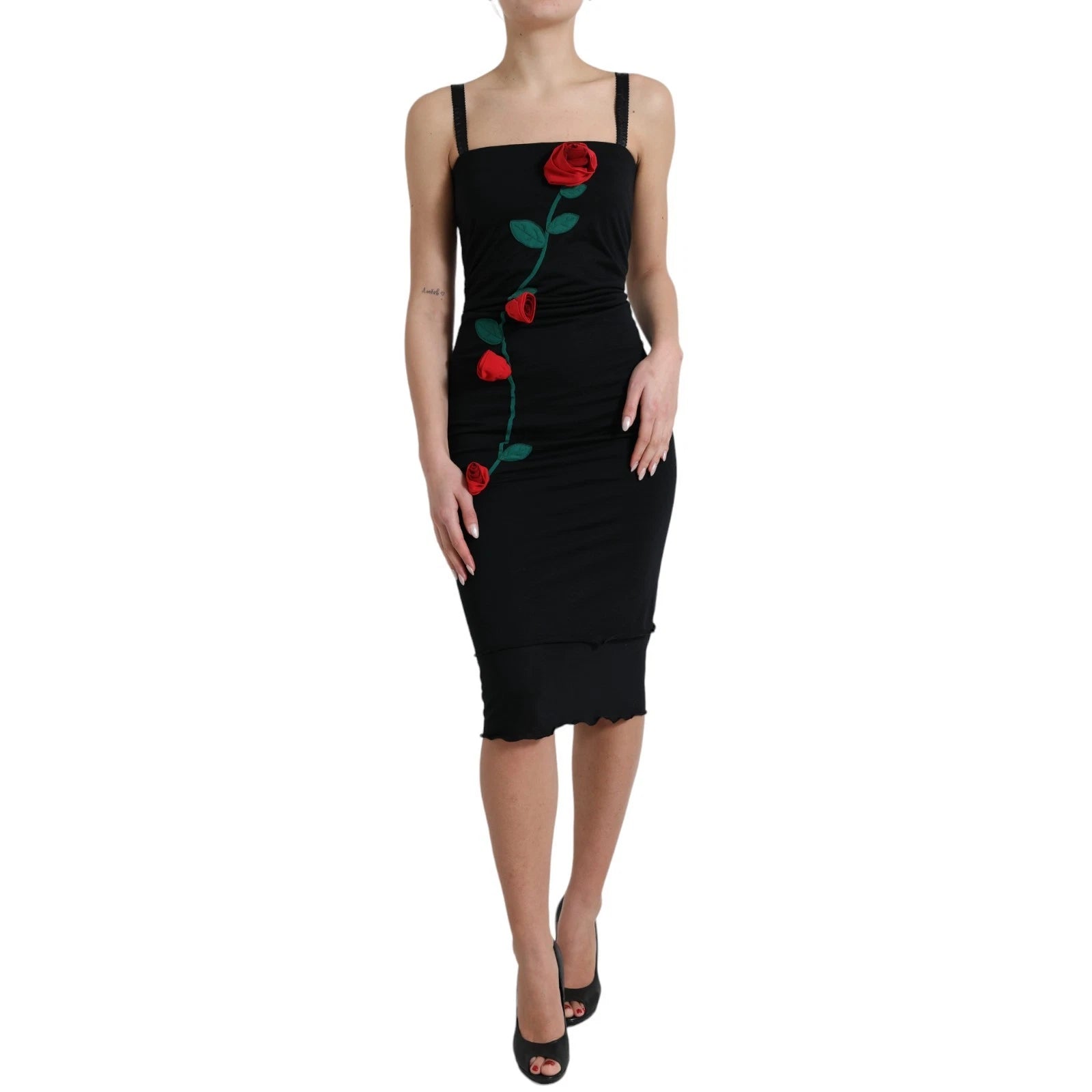 Black Wool Sleeveless Rose Applique Dress - ventzia