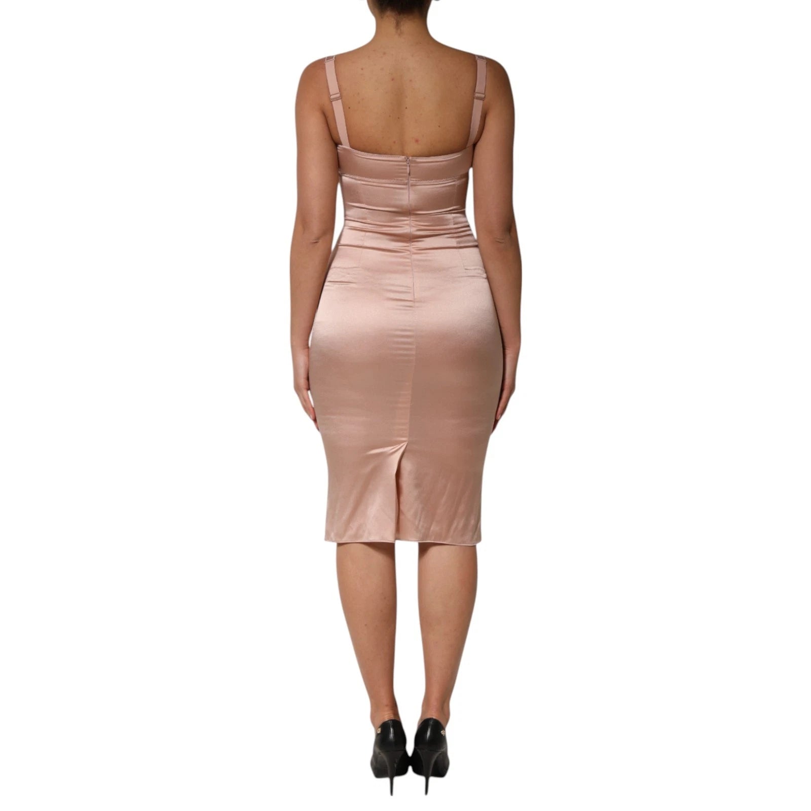 Blush Pink Silk Satin Bustier Midi Bodycon Dress - ventzia