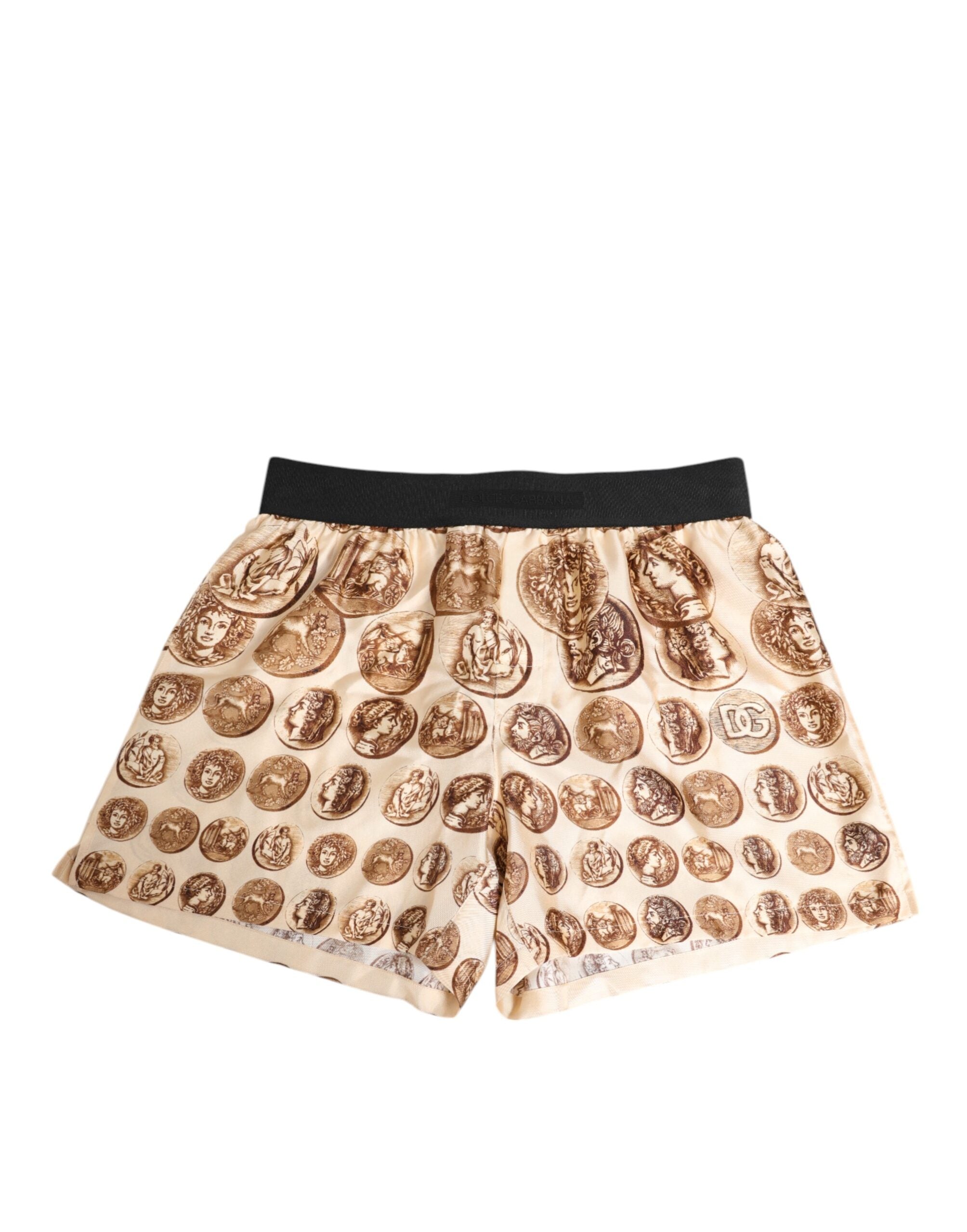 Brown Ancient Coin Print Silk Shorts Swimwear - ventzia
