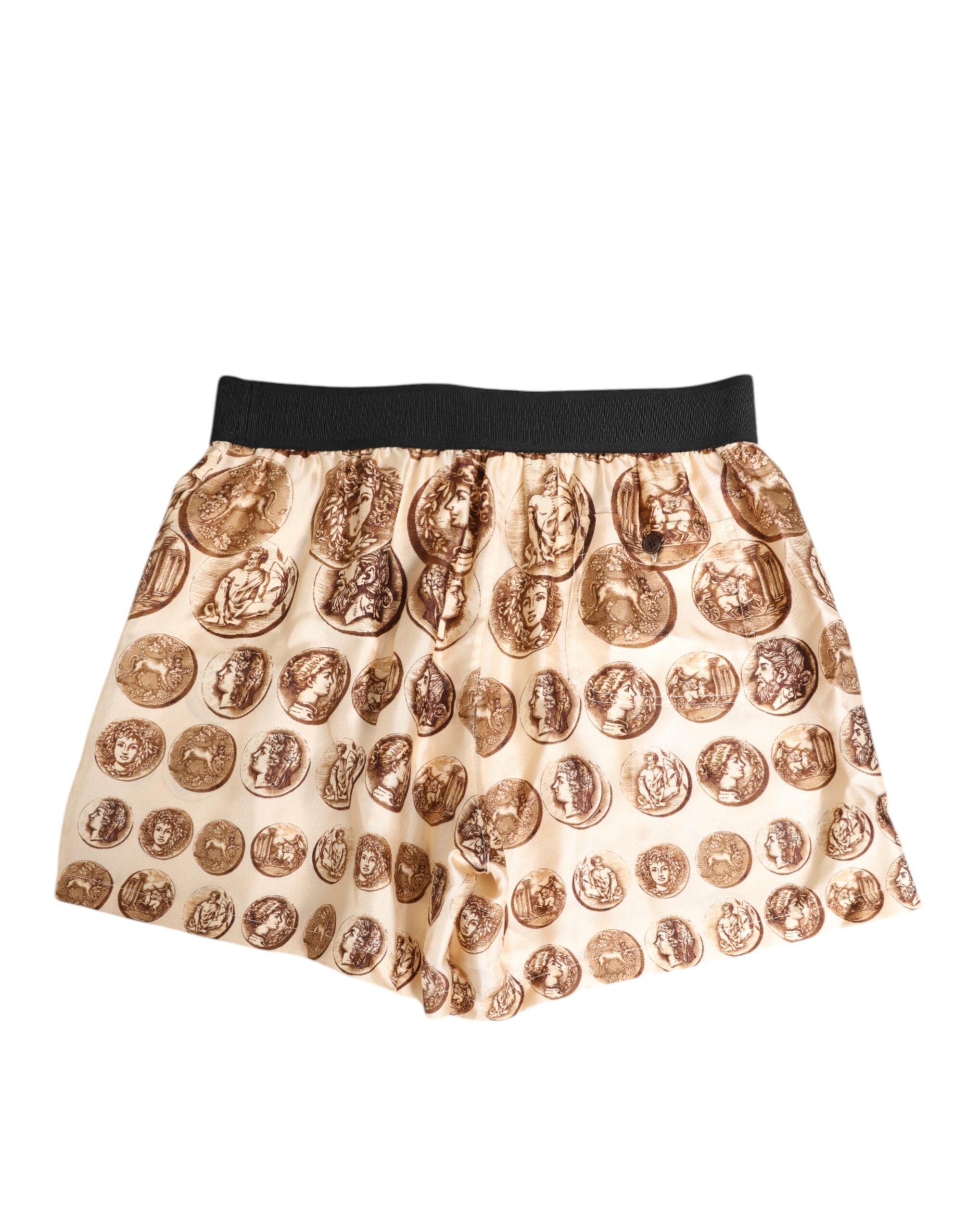 Brown Ancient Coin Print Silk Shorts Swimwear - ventzia