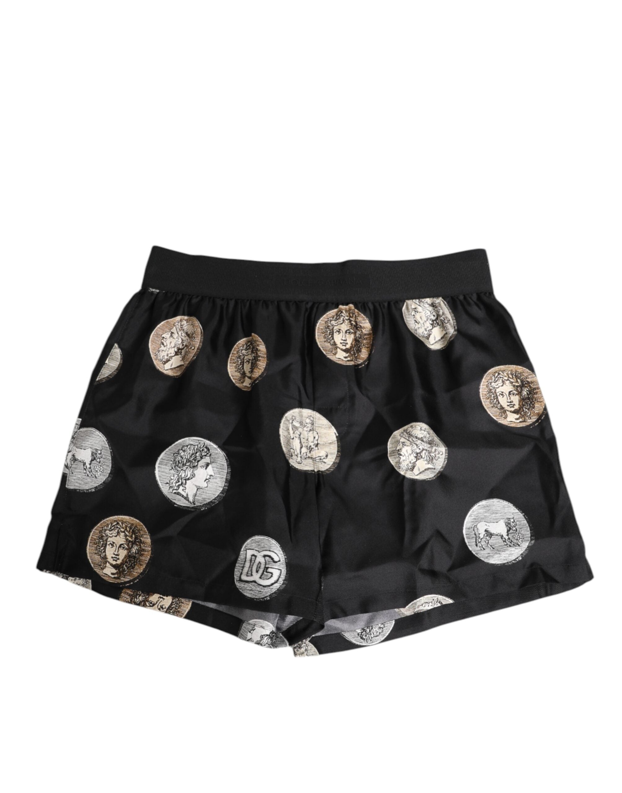 Black Silk Ancient Coin Print Boxer Short Swimwear - ventzia