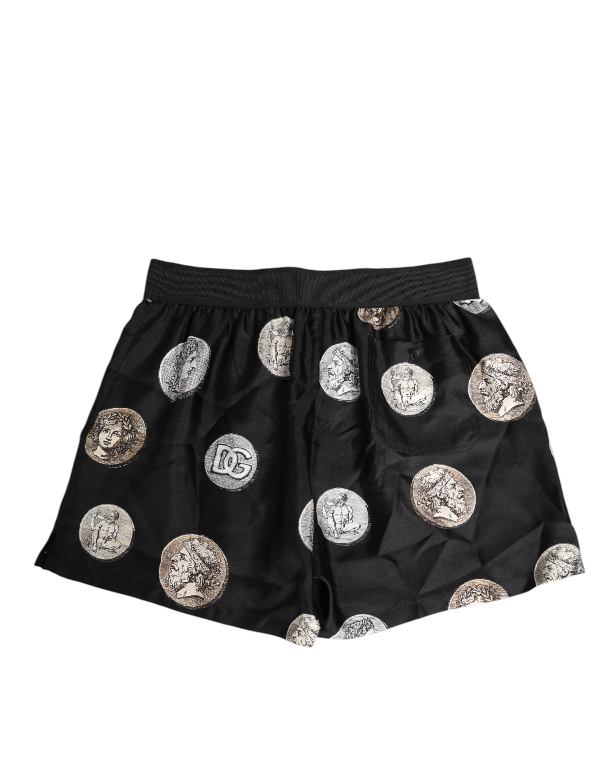 Black Silk Ancient Coin Print Boxer Short Swimwear - ventzia