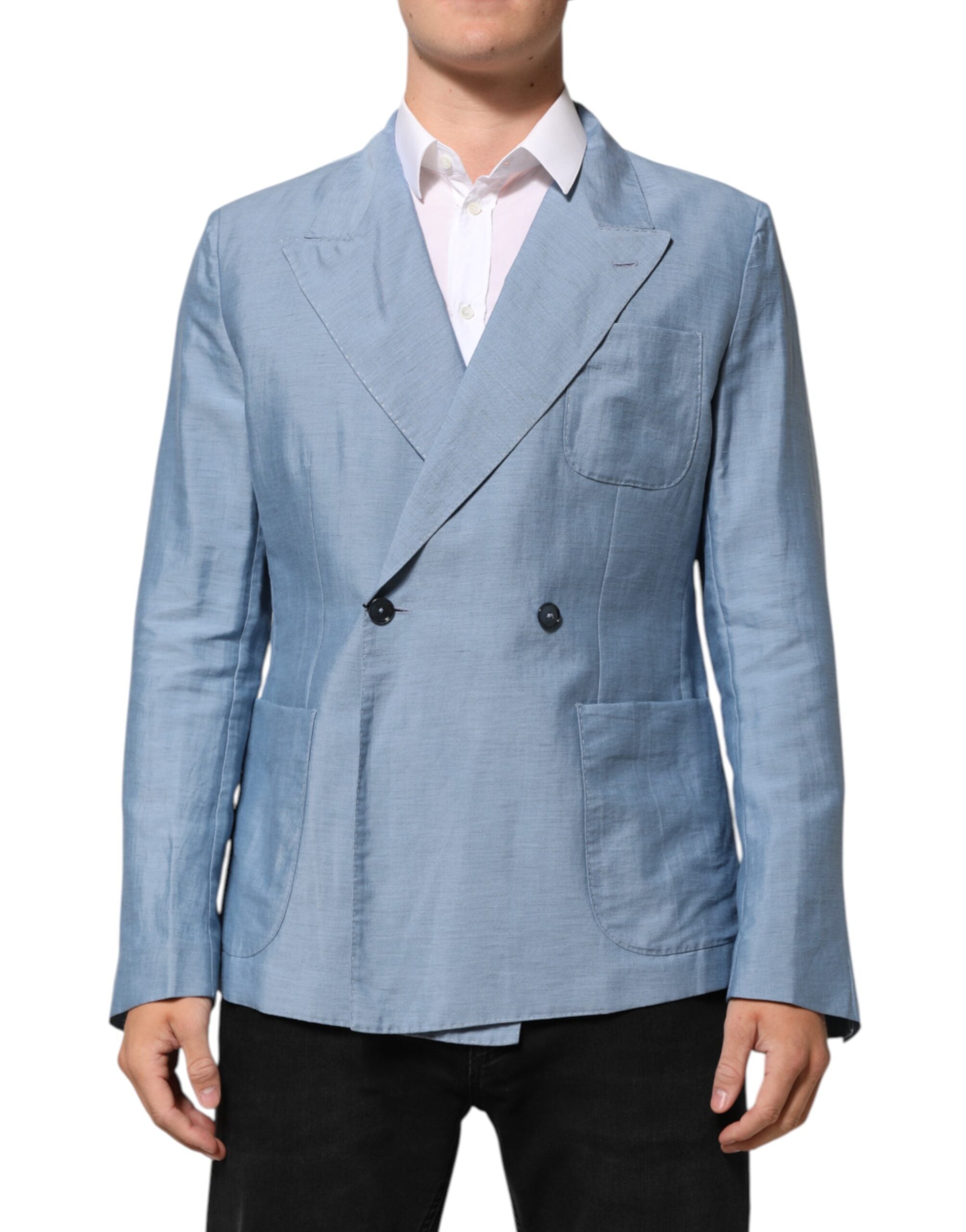 Light Blue Linen Double Breasted Men Jacket Blazer - ventzia