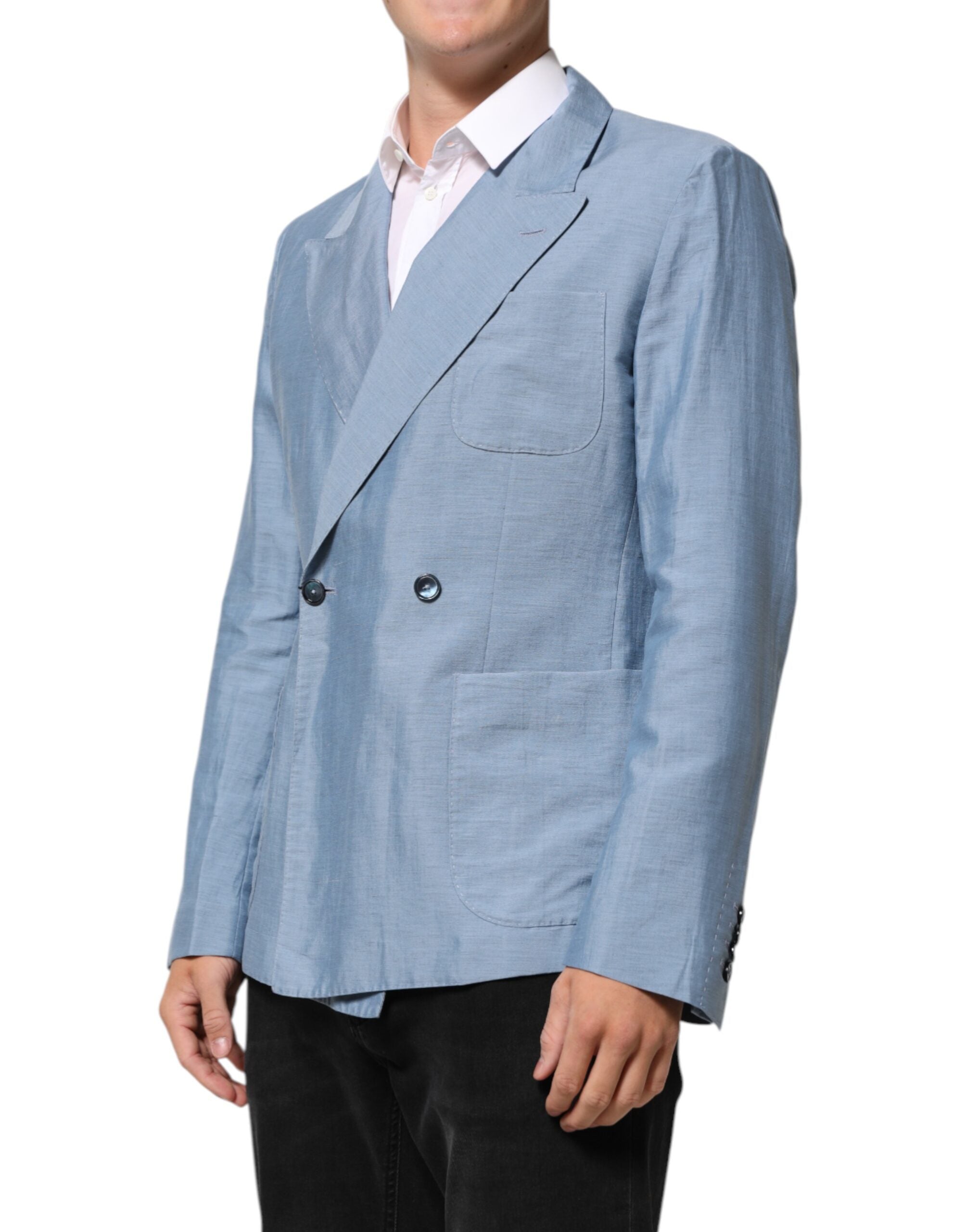 Light Blue Linen Double Breasted Men Jacket Blazer - ventzia