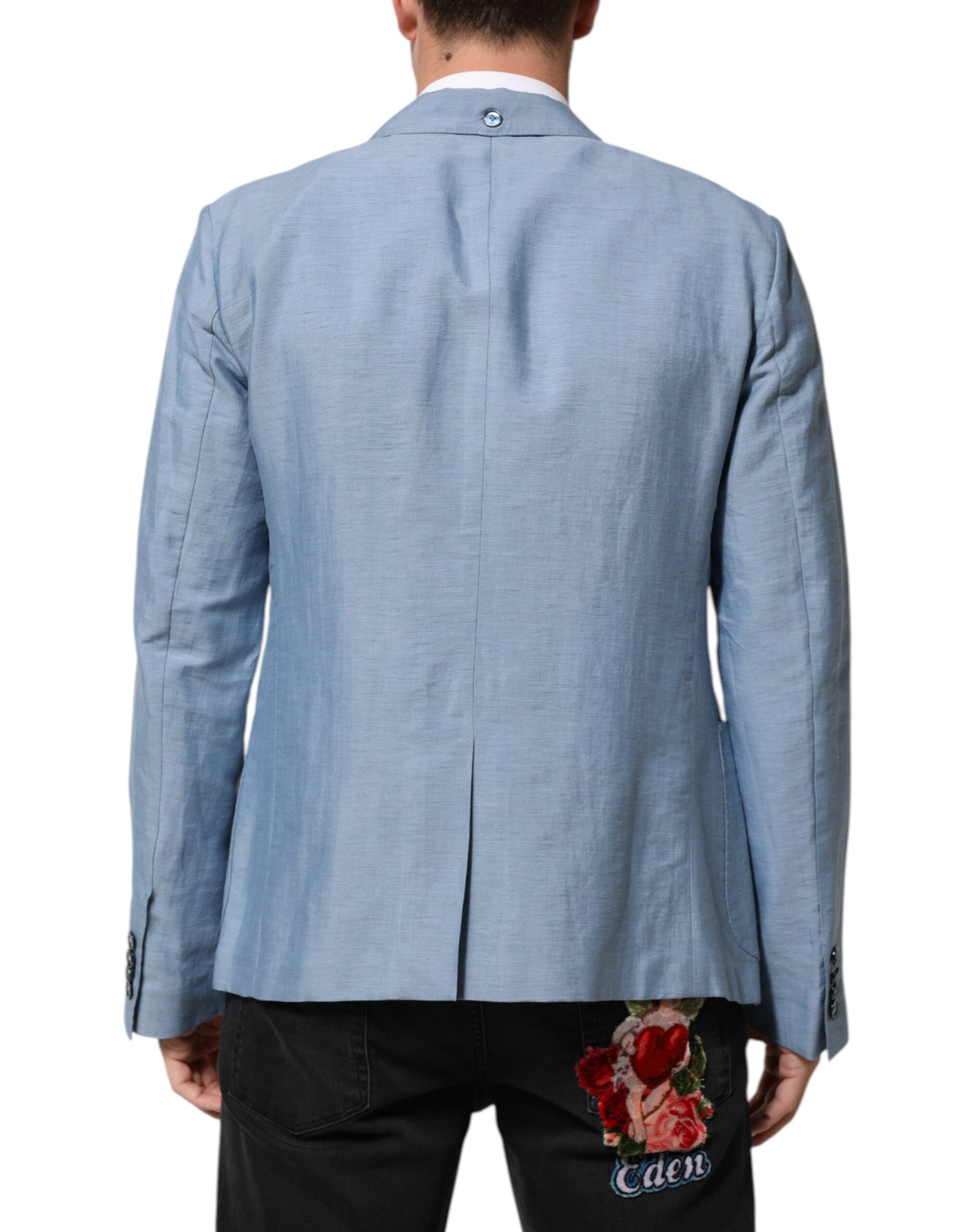 Light Blue Linen Double Breasted Men Jacket Blazer - ventzia