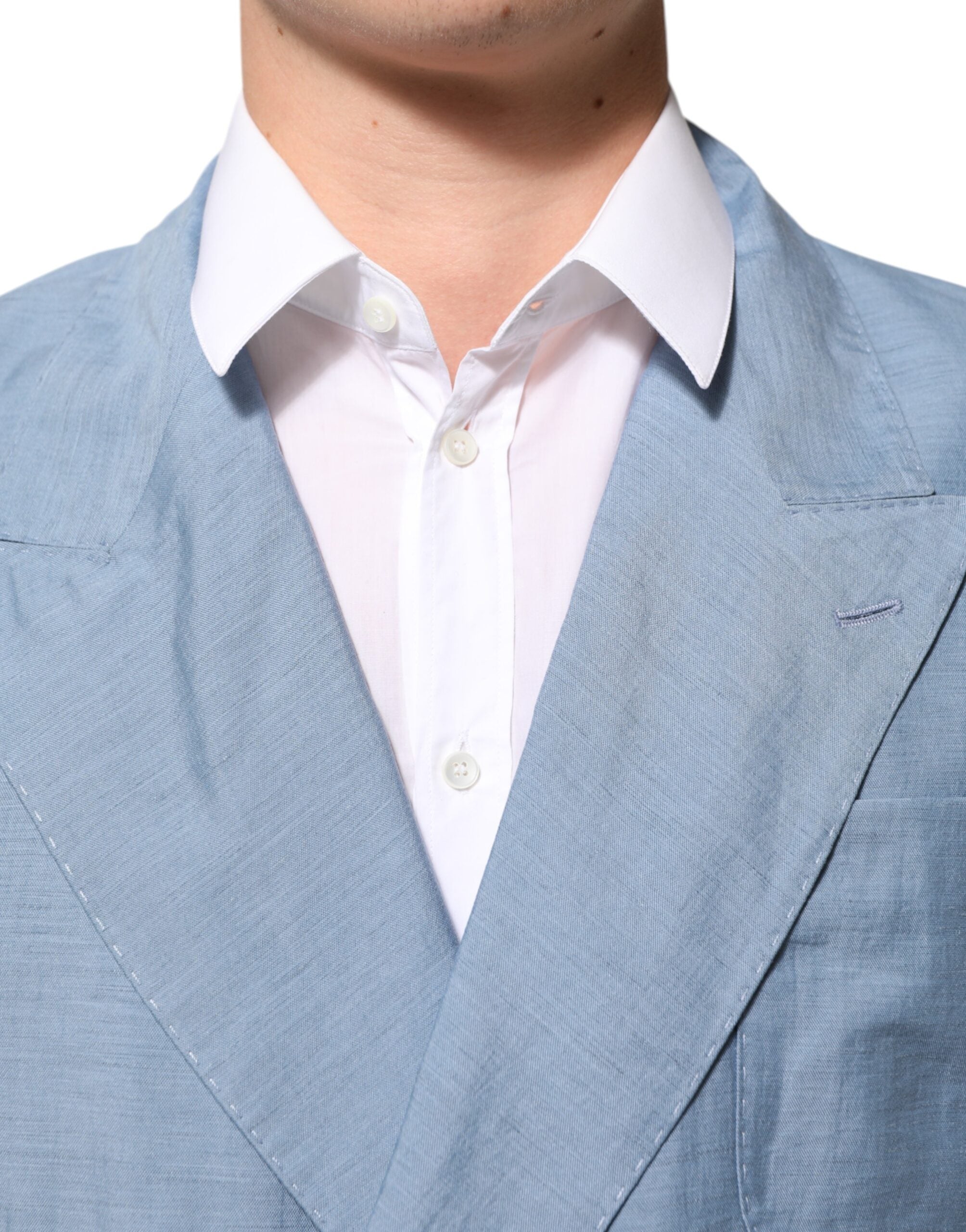 Light Blue Linen Double Breasted Men Jacket Blazer - ventzia