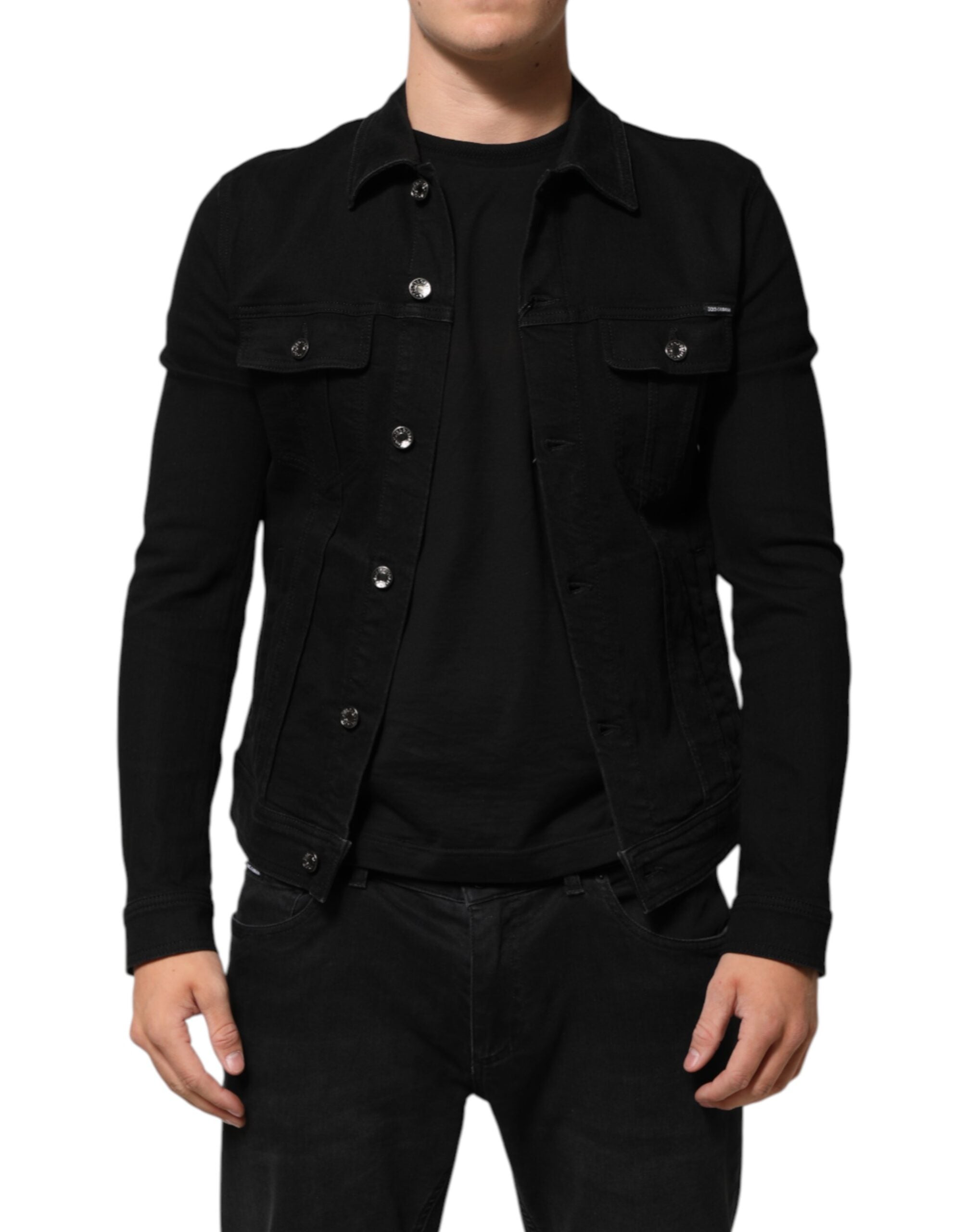 Black Cotton Denim Stretch Button Up Jacket - ventzia