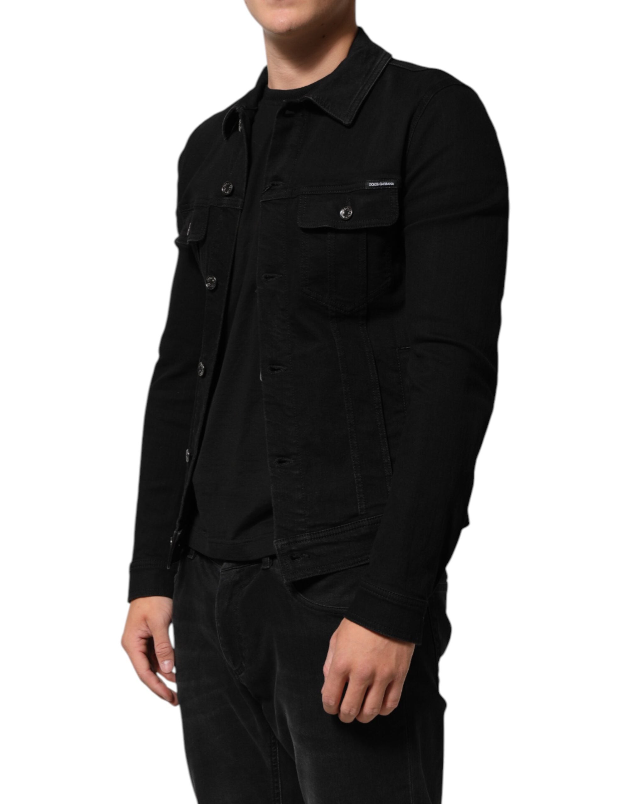 Black Cotton Denim Stretch Button Up Jacket - ventzia