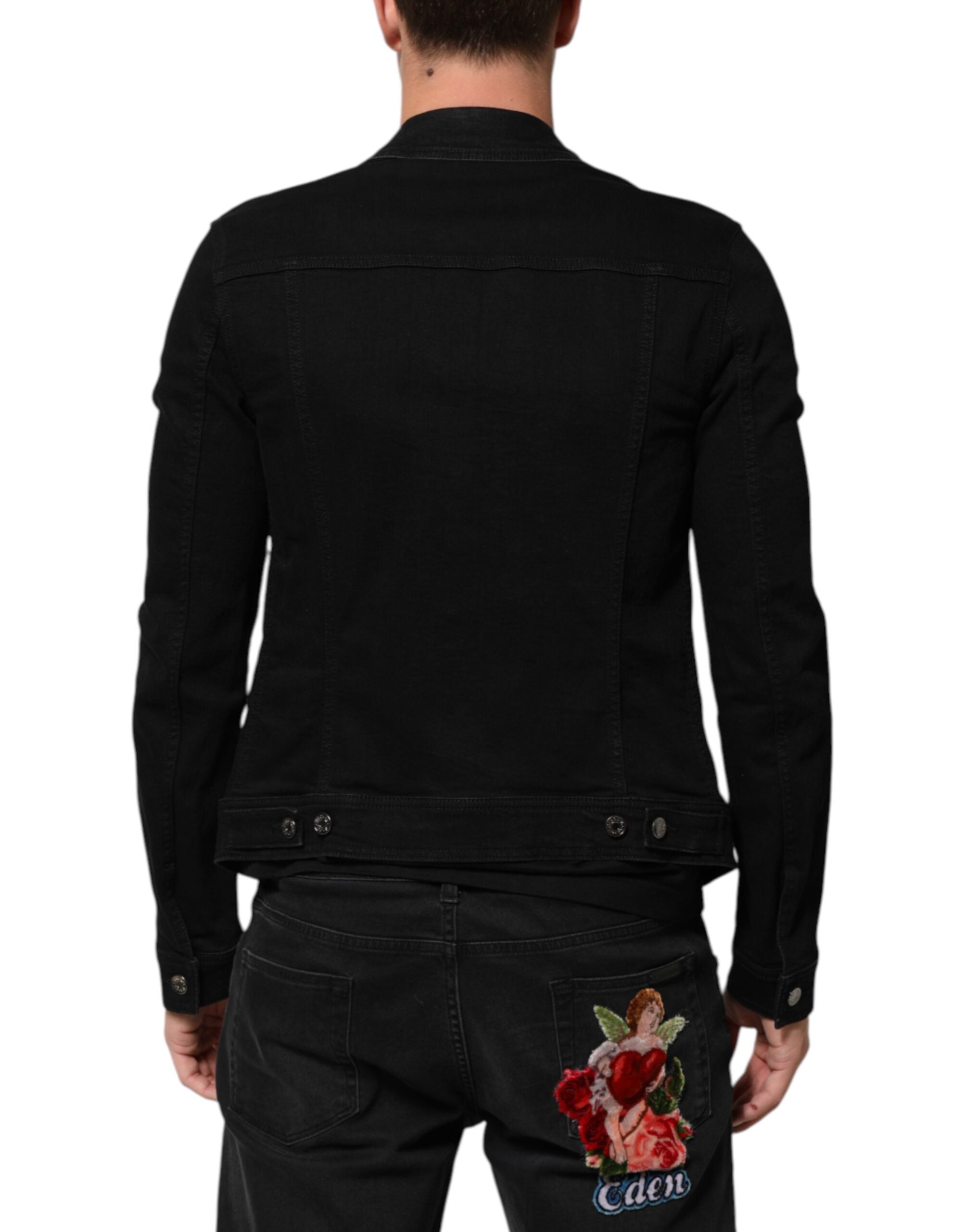 Black Cotton Denim Stretch Button Up Jacket - ventzia