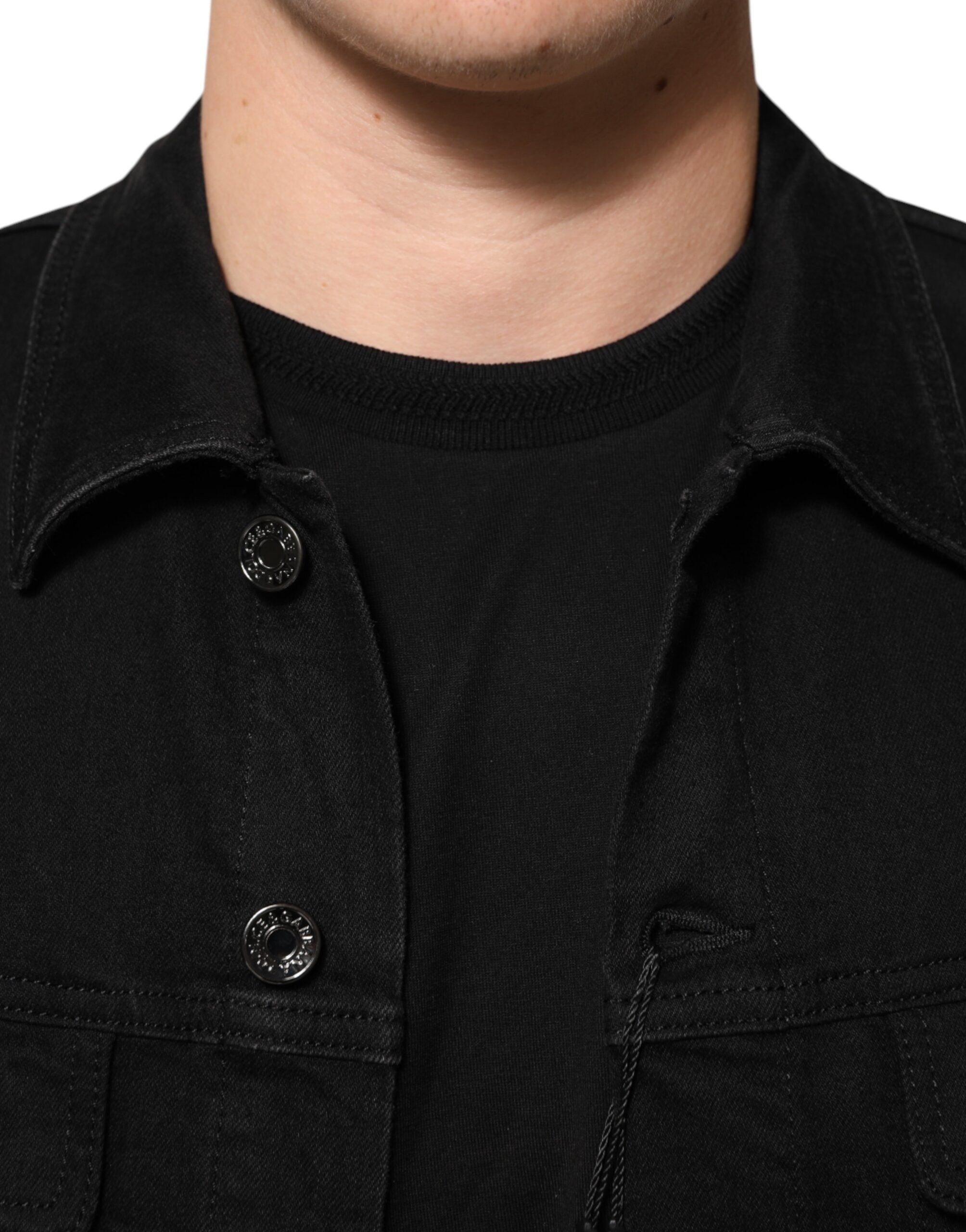 Black Cotton Denim Stretch Button Up Jacket - ventzia