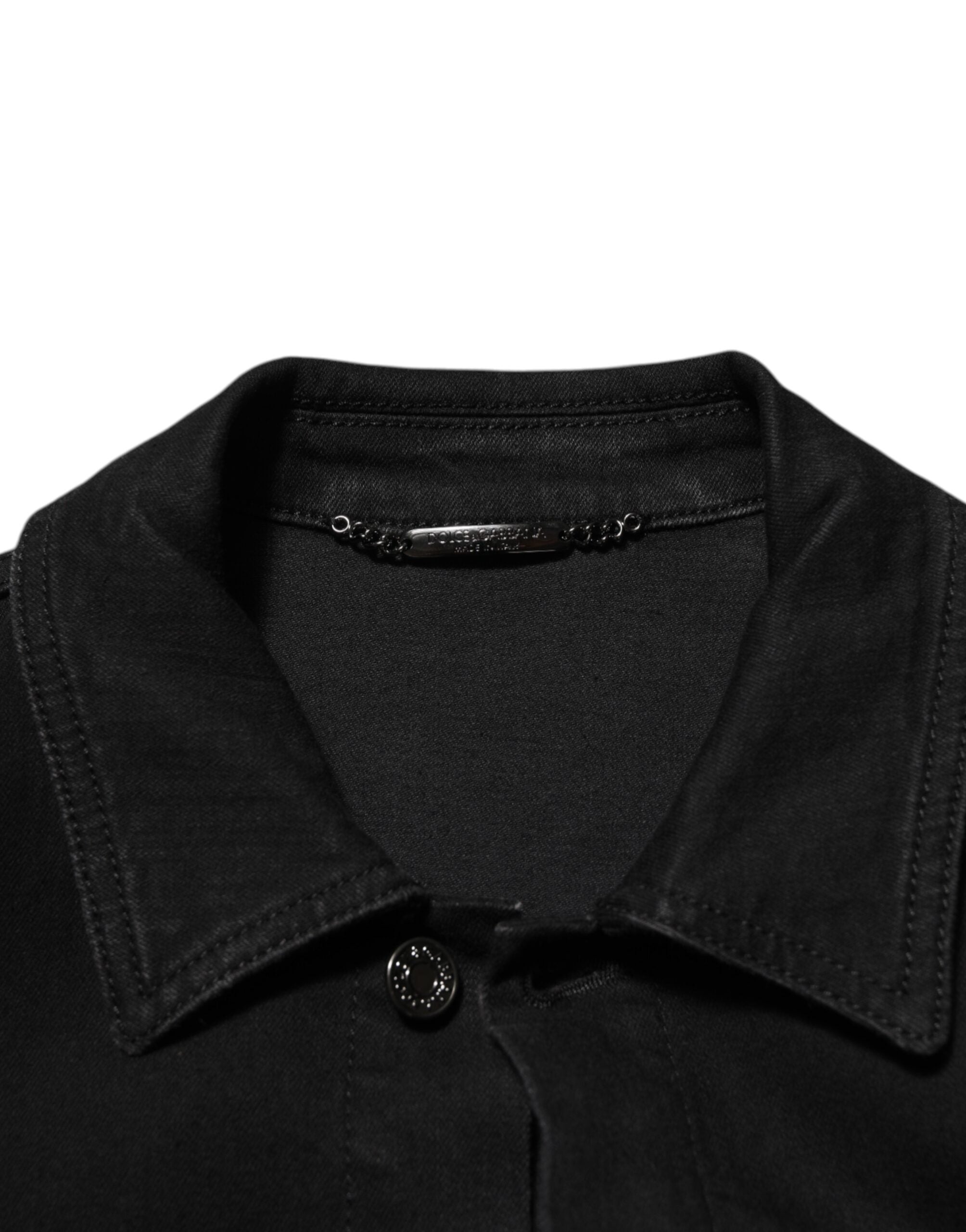 Black Cotton Denim Stretch Button Up Jacket - ventzia