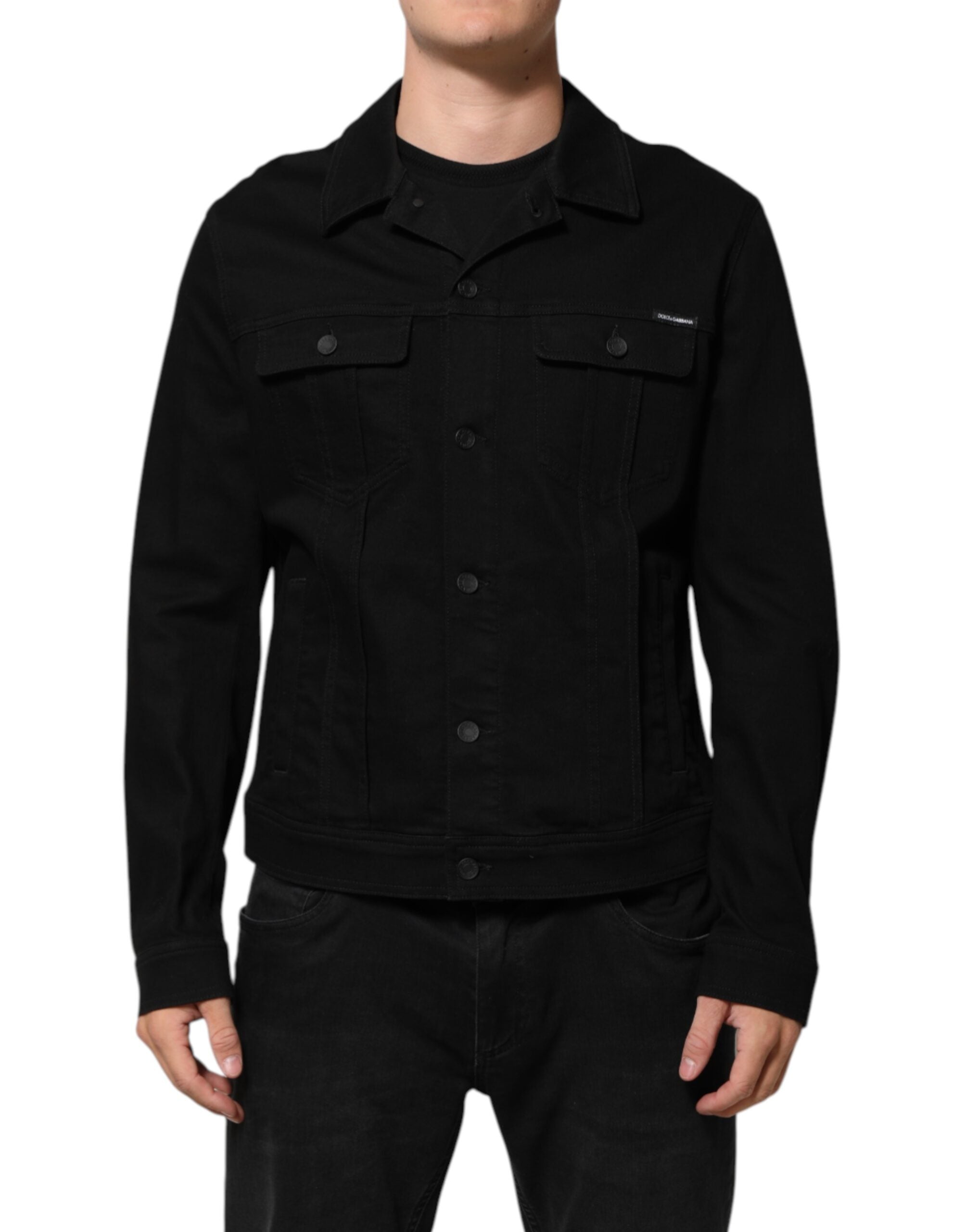 Black Cotton Denim Stretch Giubbotto Jacket - ventzia