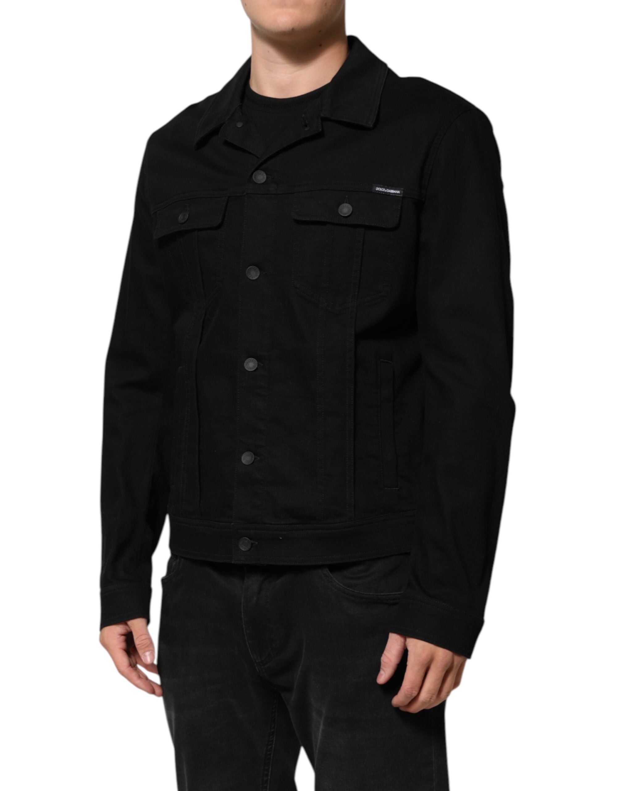 Black Cotton Denim Stretch Giubbotto Jacket - ventzia