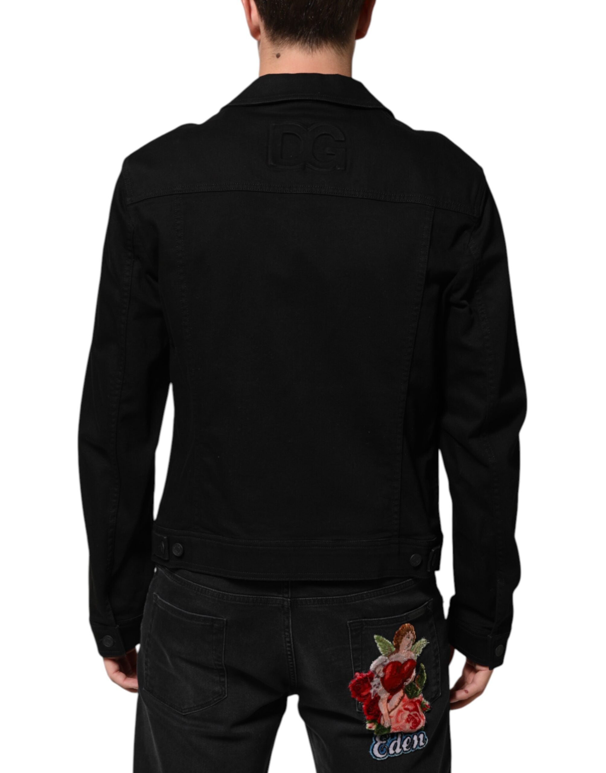 Black Cotton Denim Stretch Giubbotto Jacket - ventzia