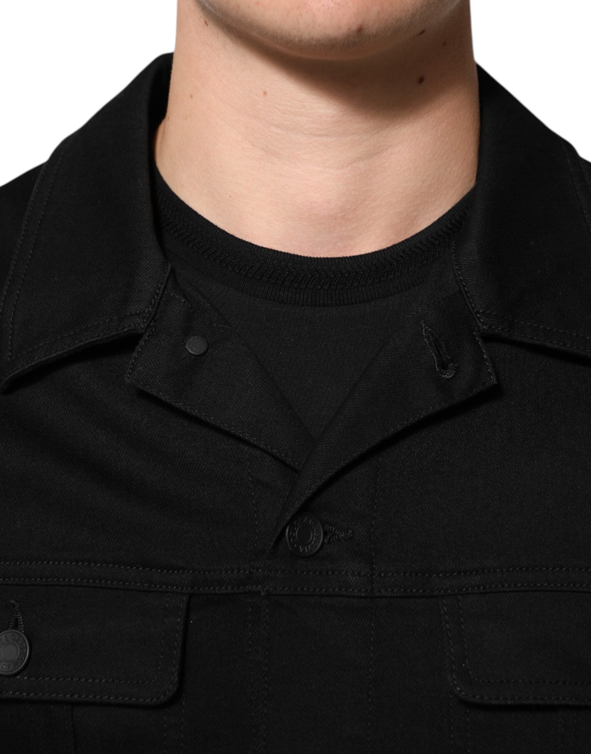 Black Cotton Denim Stretch Giubbotto Jacket - ventzia