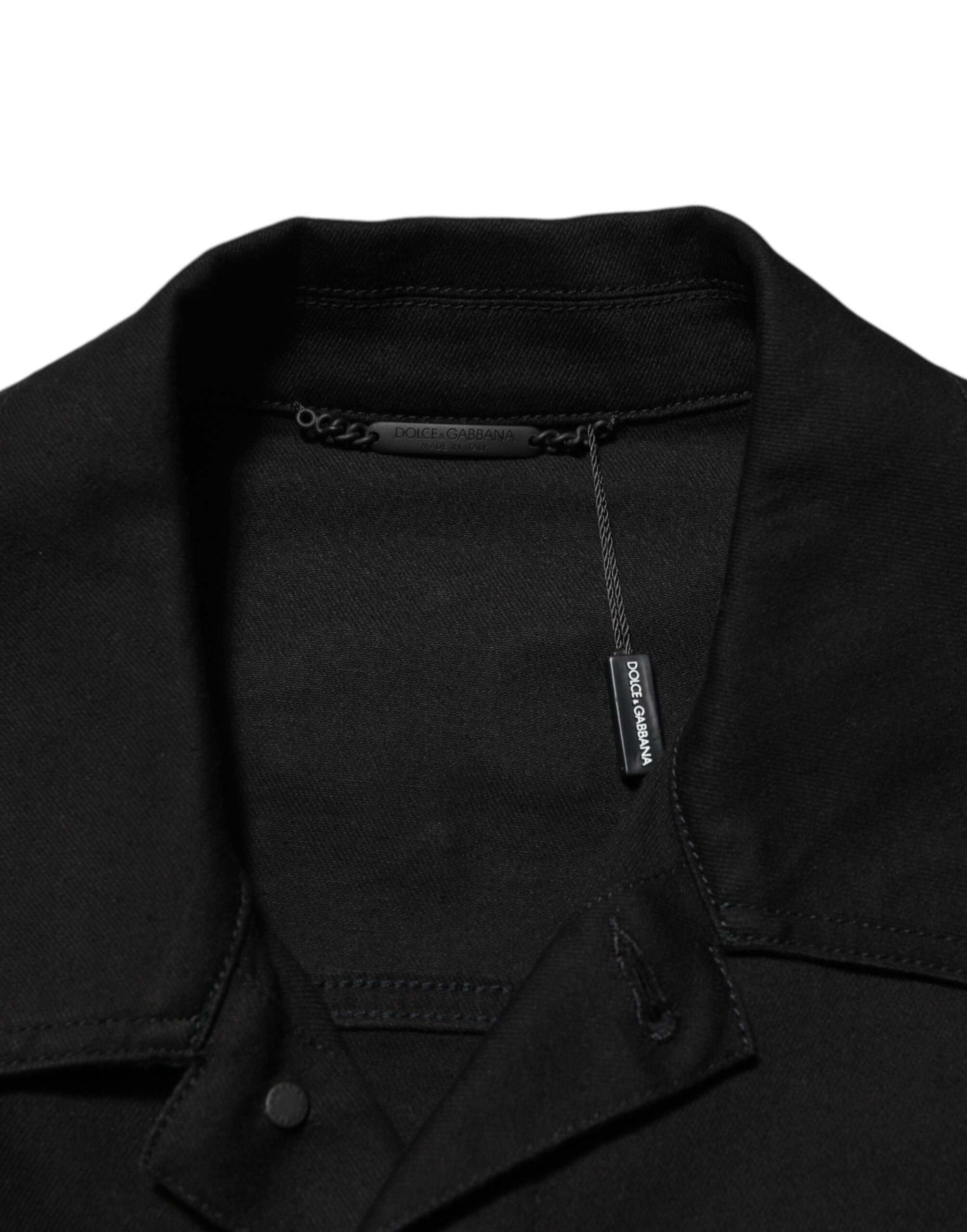 Black Cotton Denim Stretch Giubbotto Jacket - ventzia