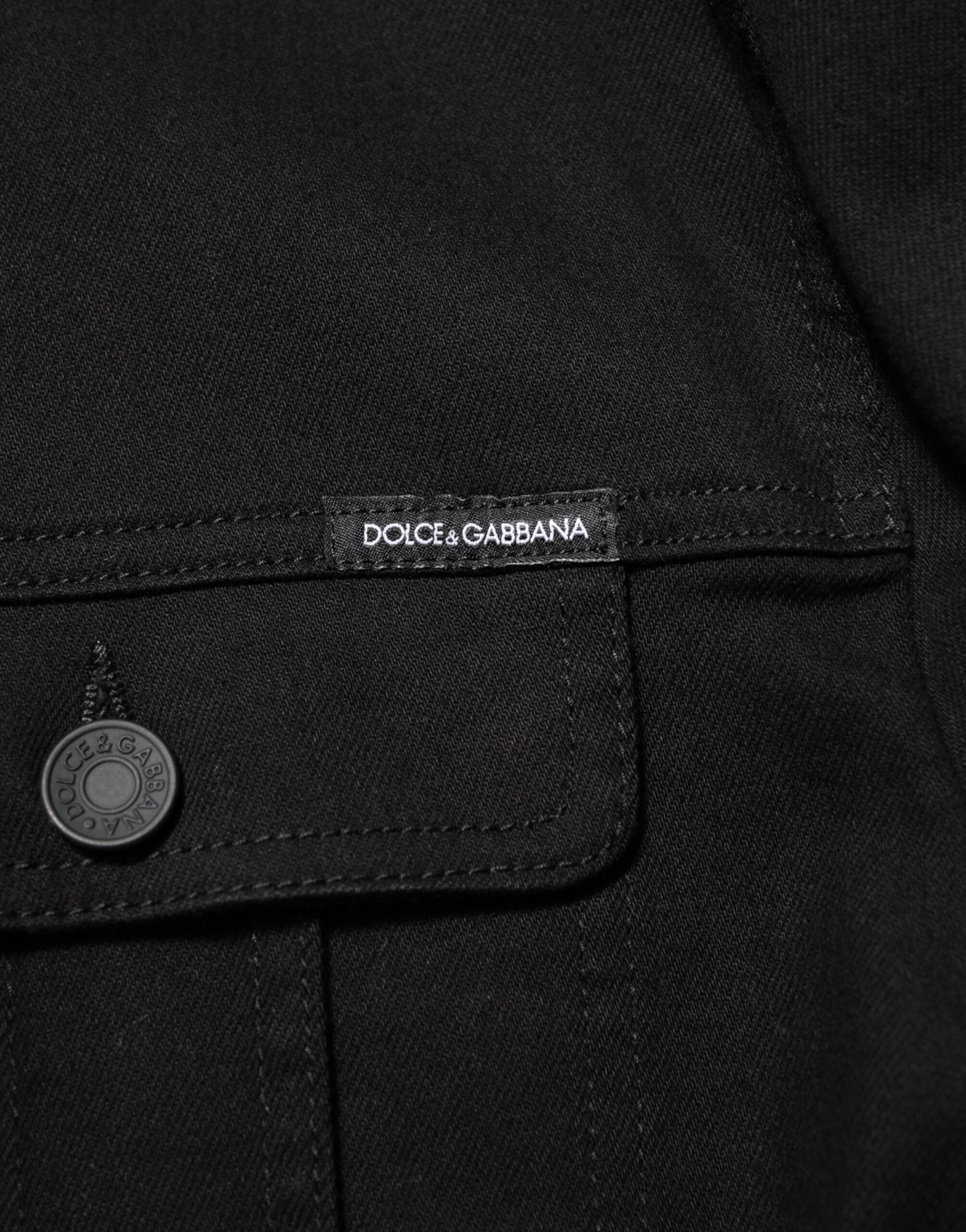Black Cotton Denim Stretch Giubbotto Jacket - ventzia