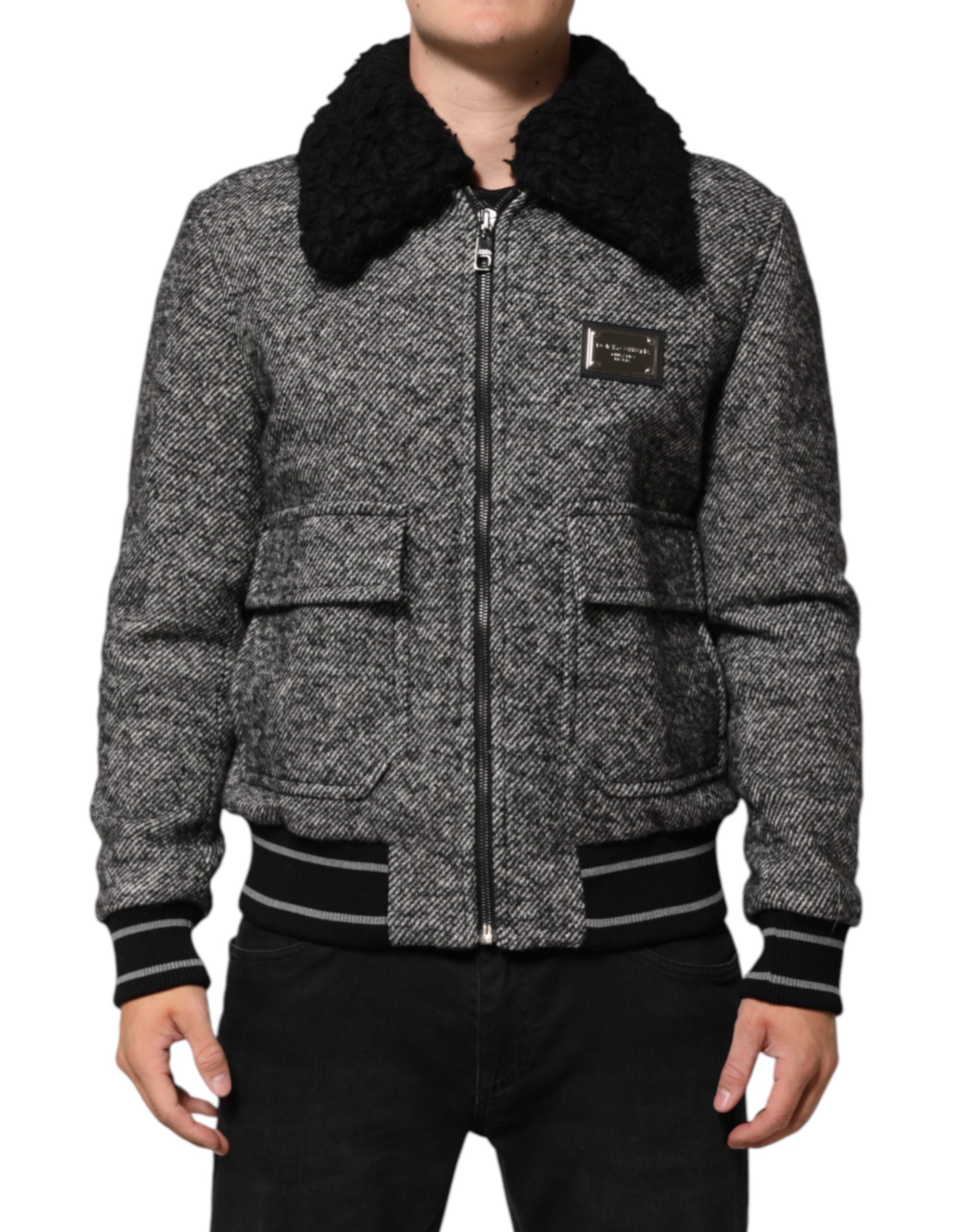 Gray Wool Herringbone Shearling Collar Bomber Jacket - ventzia