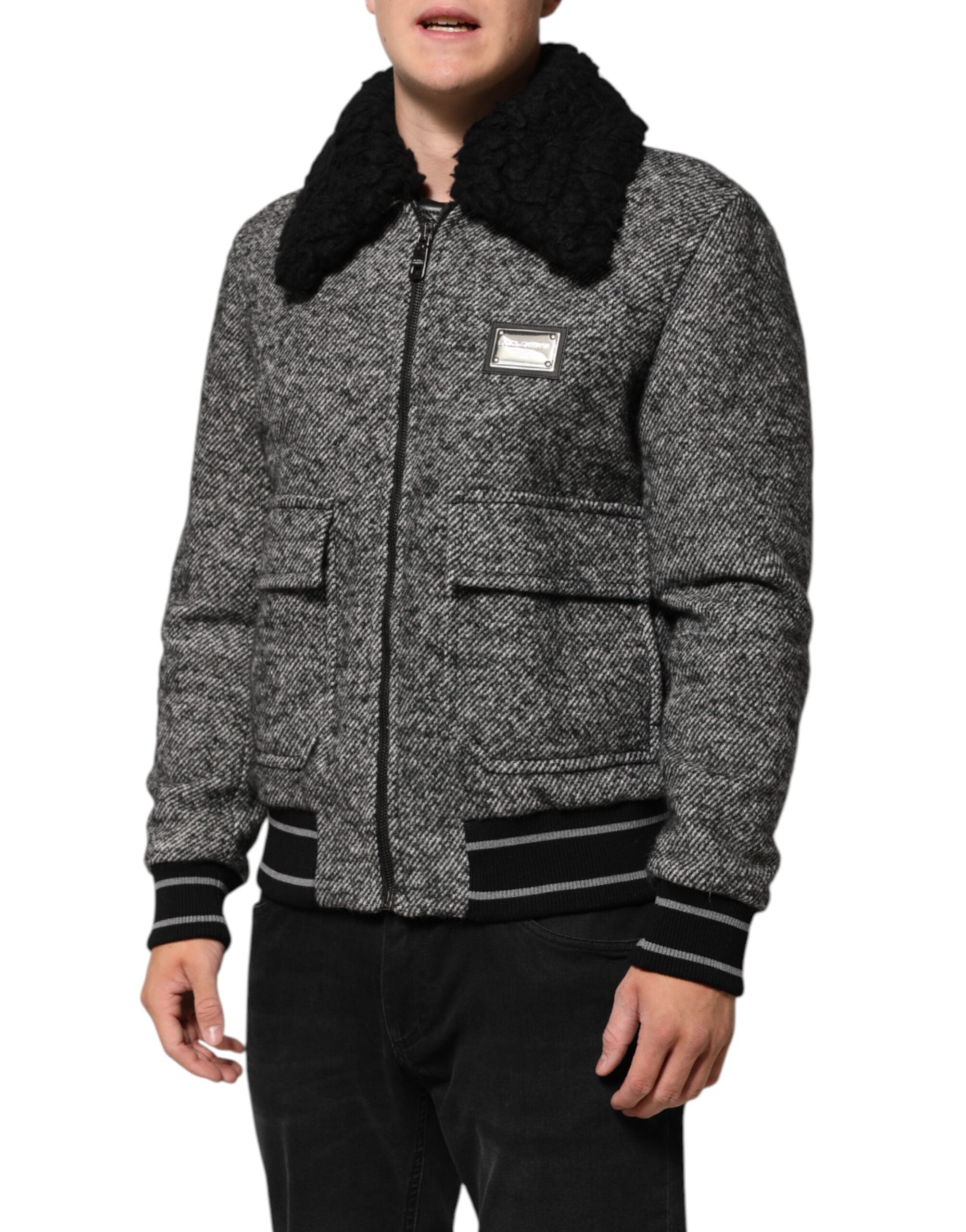 Gray Wool Herringbone Shearling Collar Bomber Jacket - ventzia