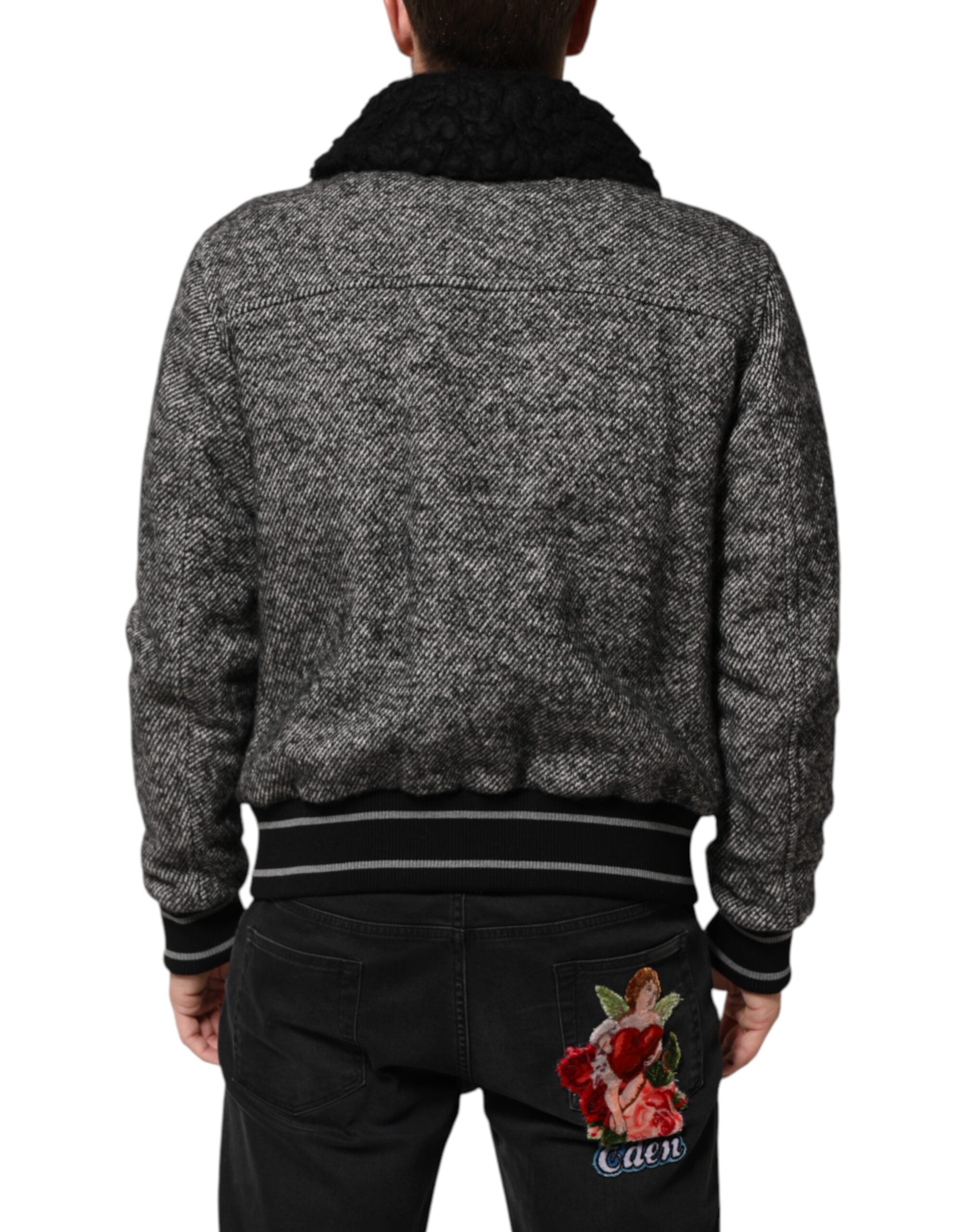 Gray Wool Herringbone Shearling Collar Bomber Jacket - ventzia