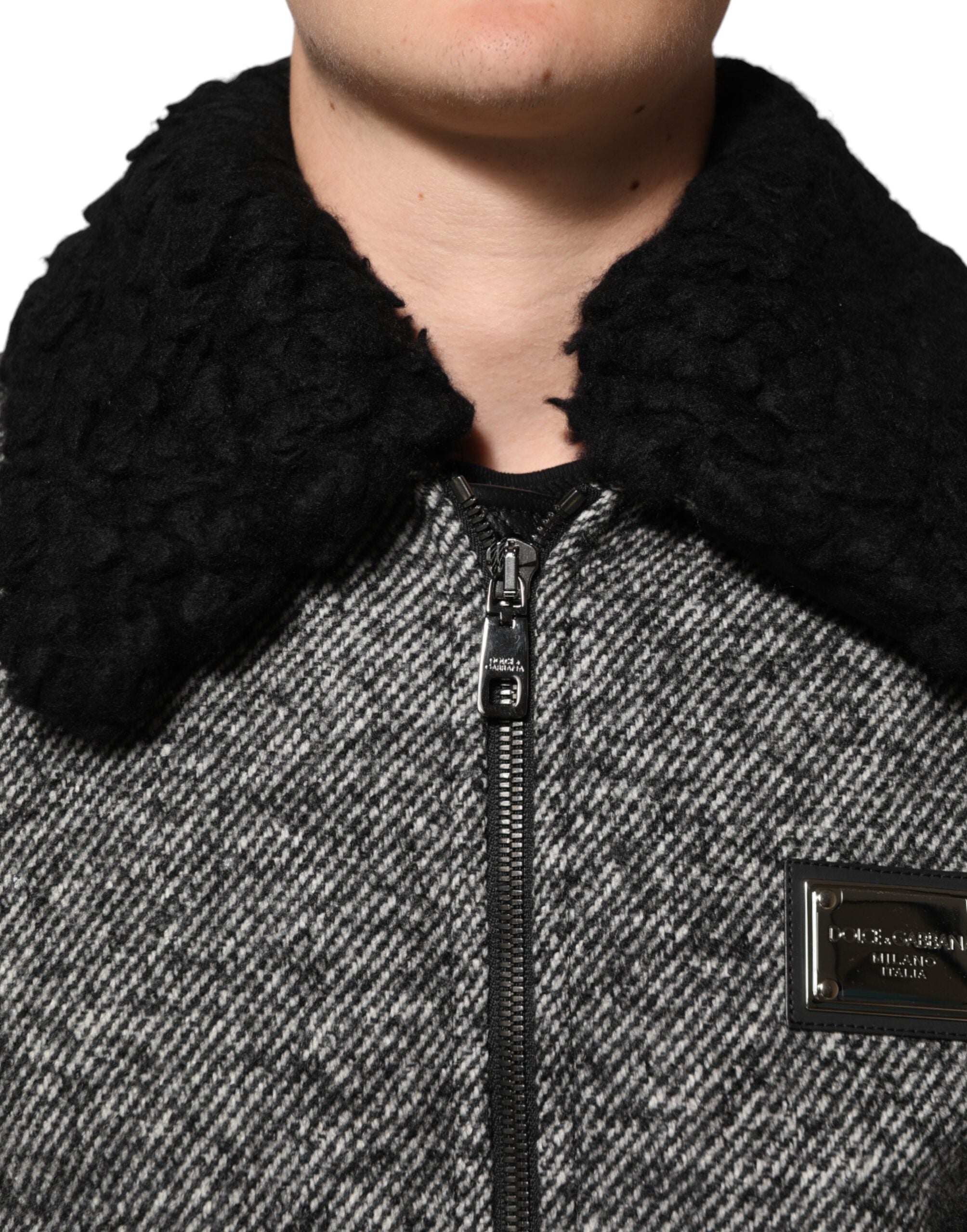 Gray Wool Herringbone Shearling Collar Bomber Jacket - ventzia