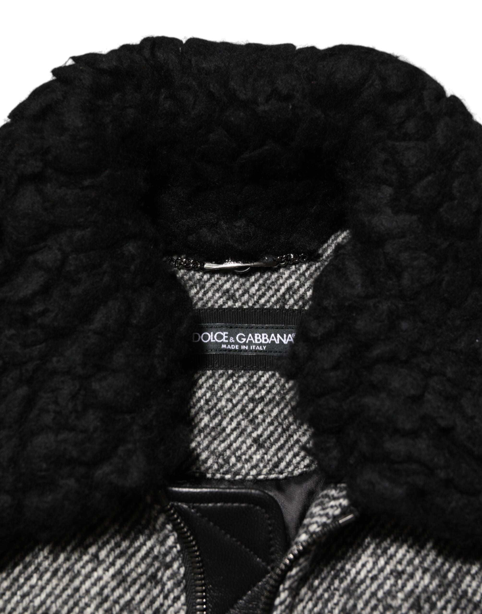 Gray Wool Herringbone Shearling Collar Bomber Jacket - ventzia