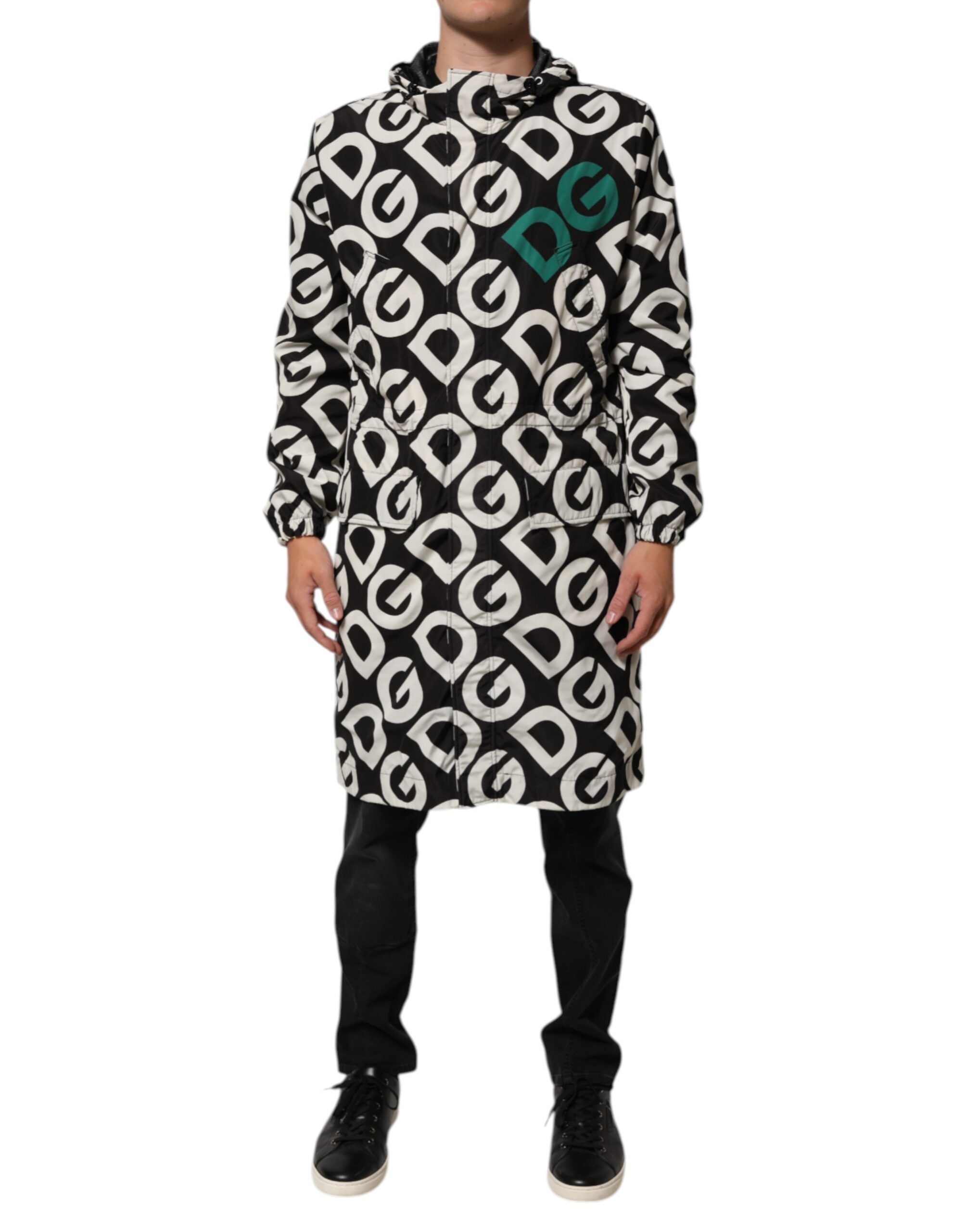 Black White Logo Print Hooded Coat Men Jacket - ventzia