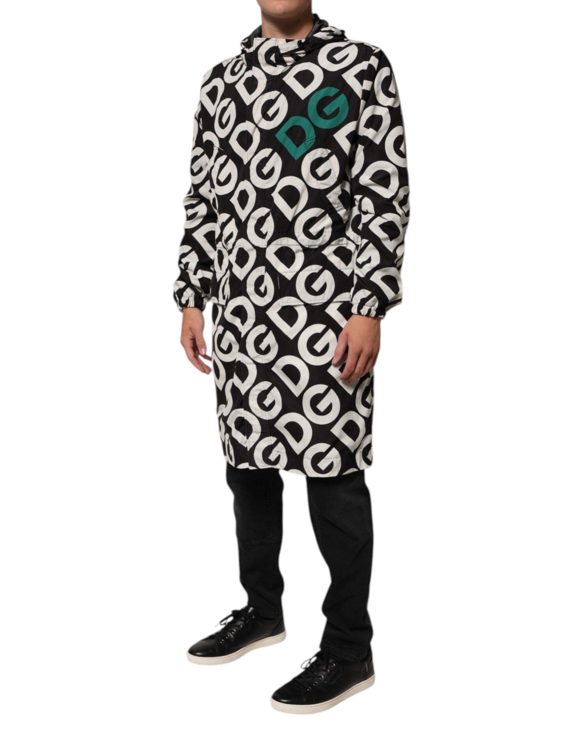 Black White Logo Print Hooded Coat Men Jacket - ventzia