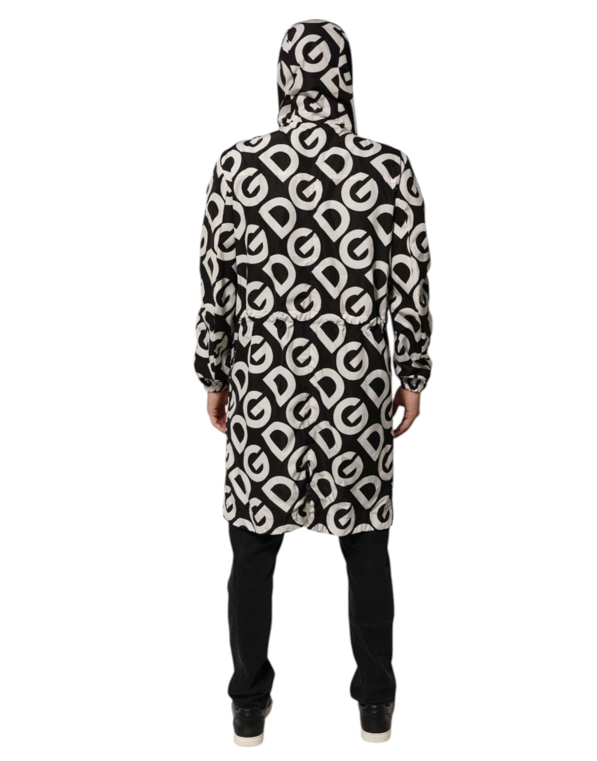 Black White Logo Print Hooded Coat Men Jacket - ventzia