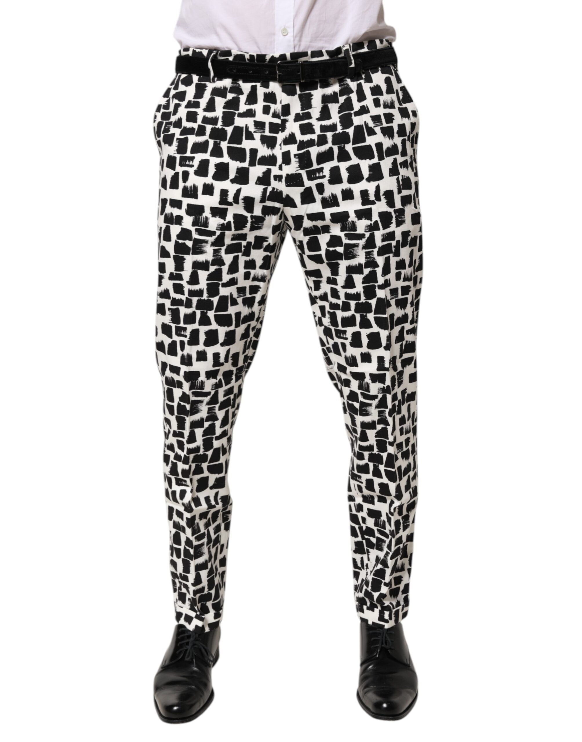 Black White Abstract Print Cotton Blend Pants - ventzia