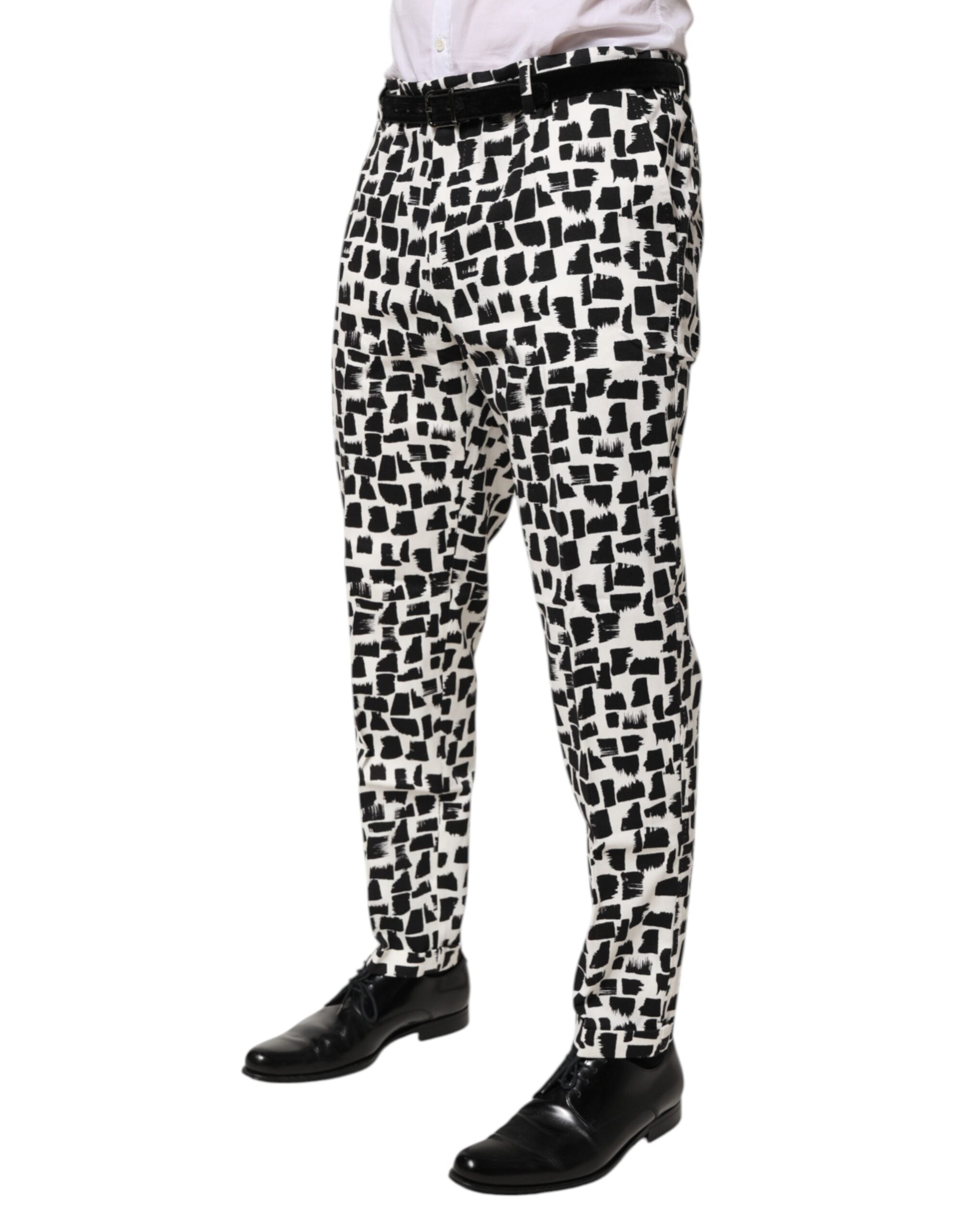 Black White Abstract Print Cotton Blend Pants - ventzia