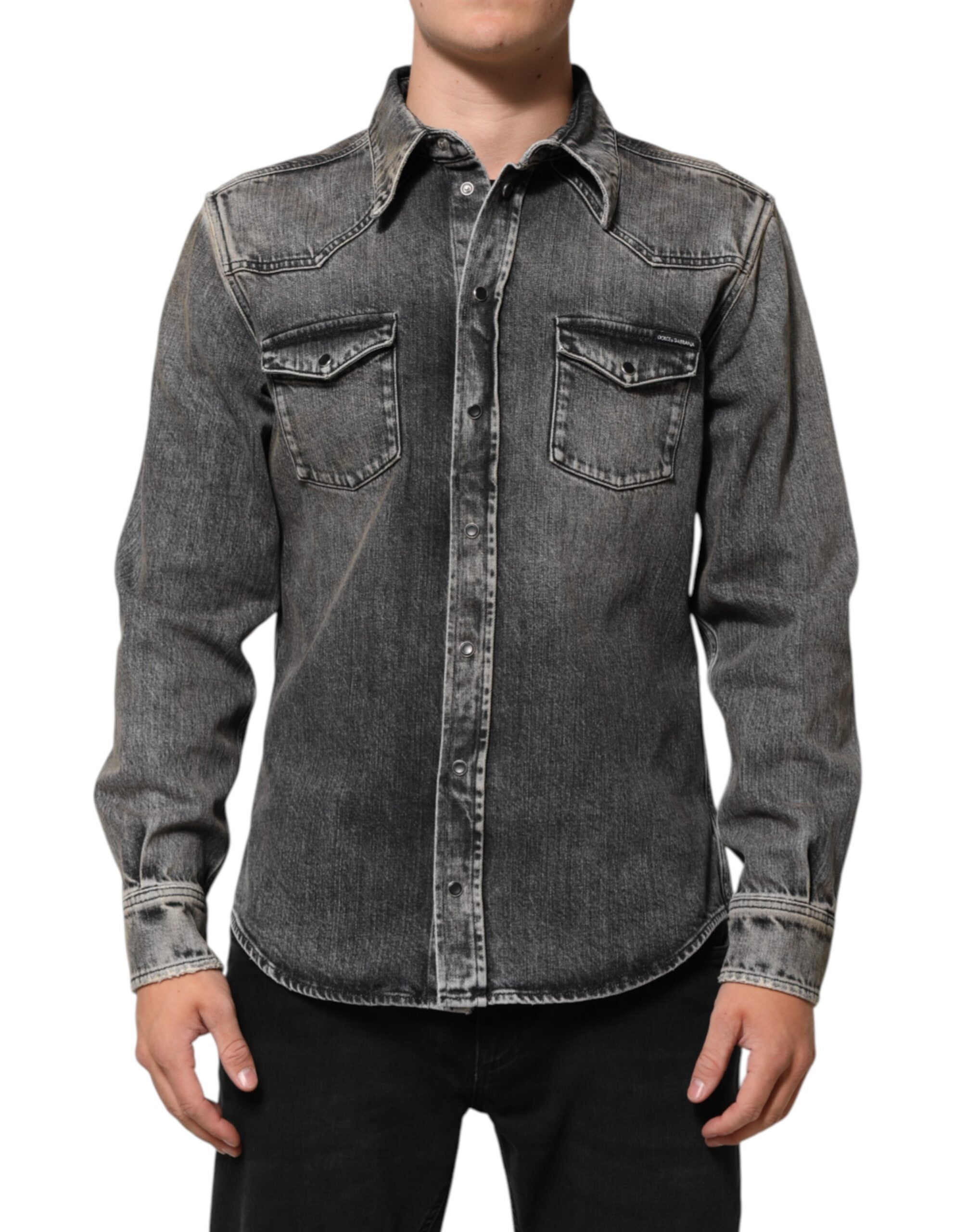 Black Washed Cotton Snap Long Sleeve Casual Shirt - ventzia