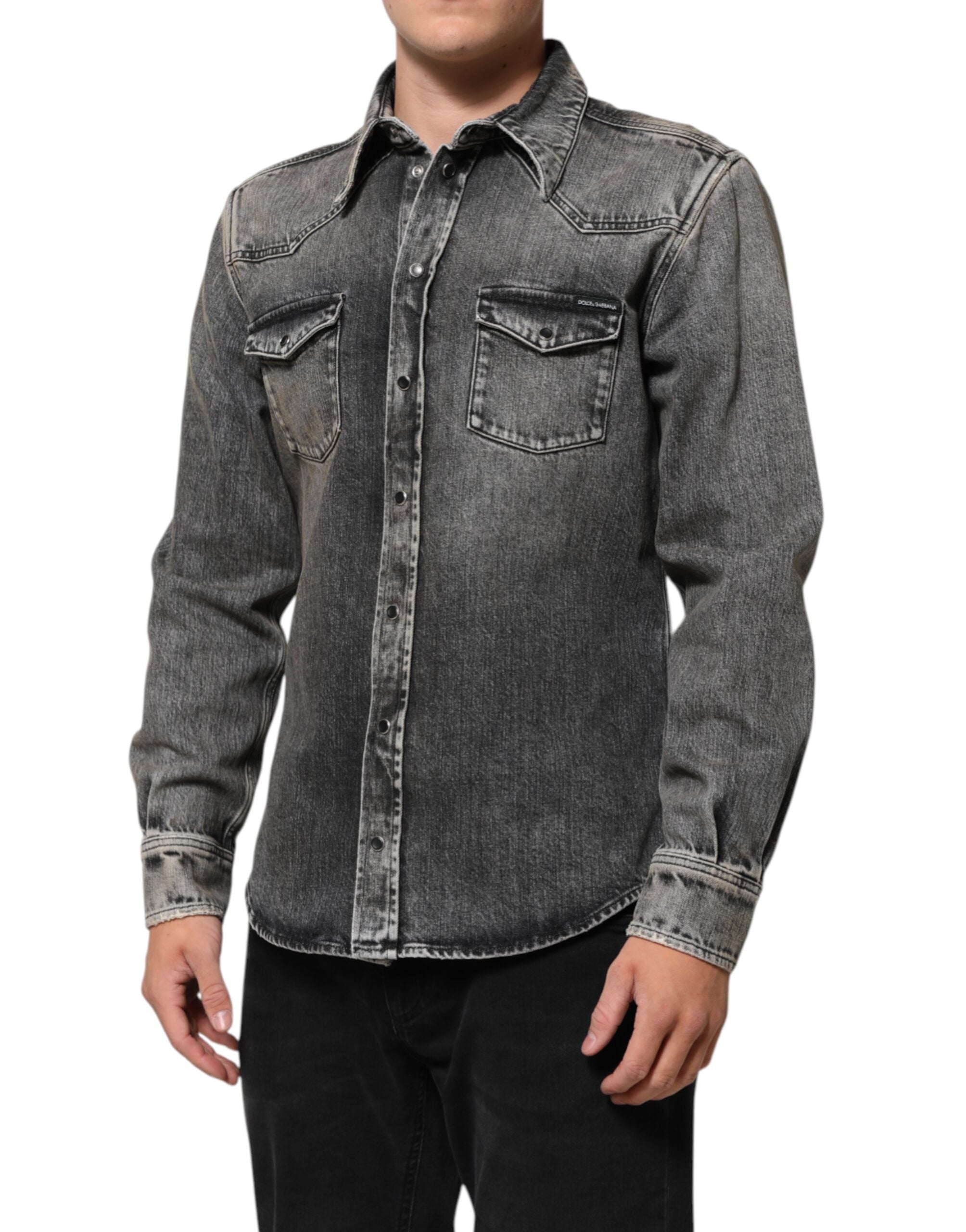 Black Washed Cotton Snap Long Sleeve Casual Shirt - ventzia