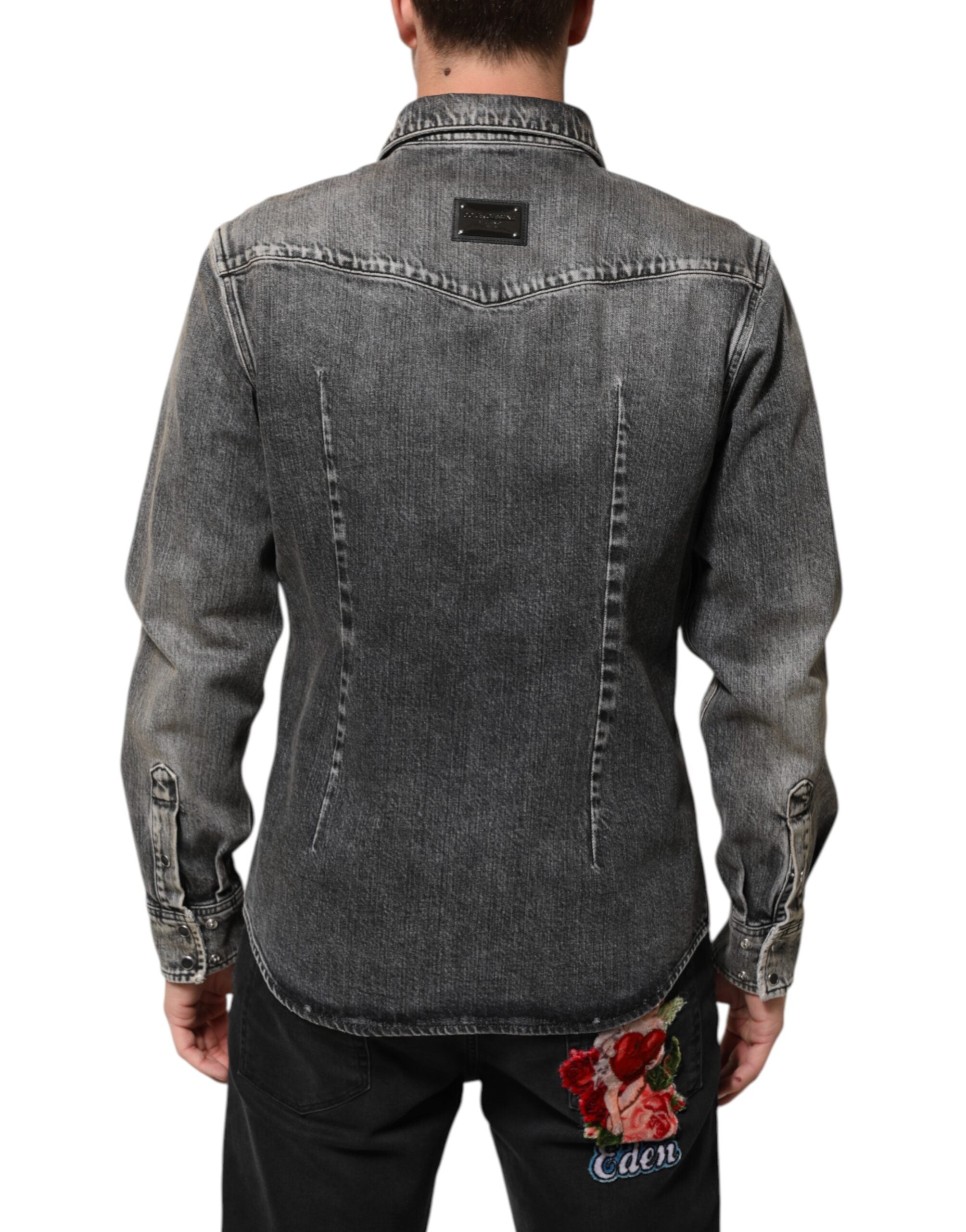 Black Washed Cotton Snap Long Sleeve Casual Shirt - ventzia